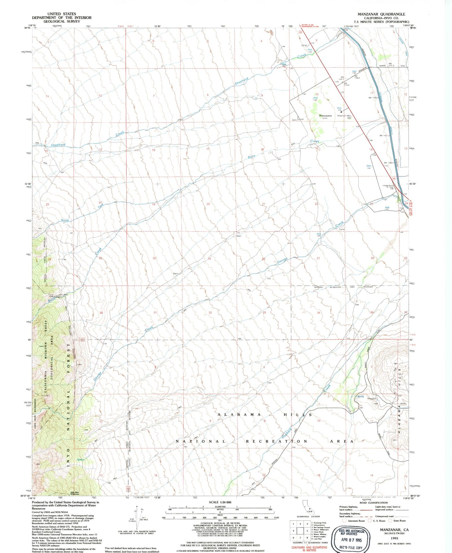 Classic USGS Manzanar California 7.5'x7.5' Topo Map Image