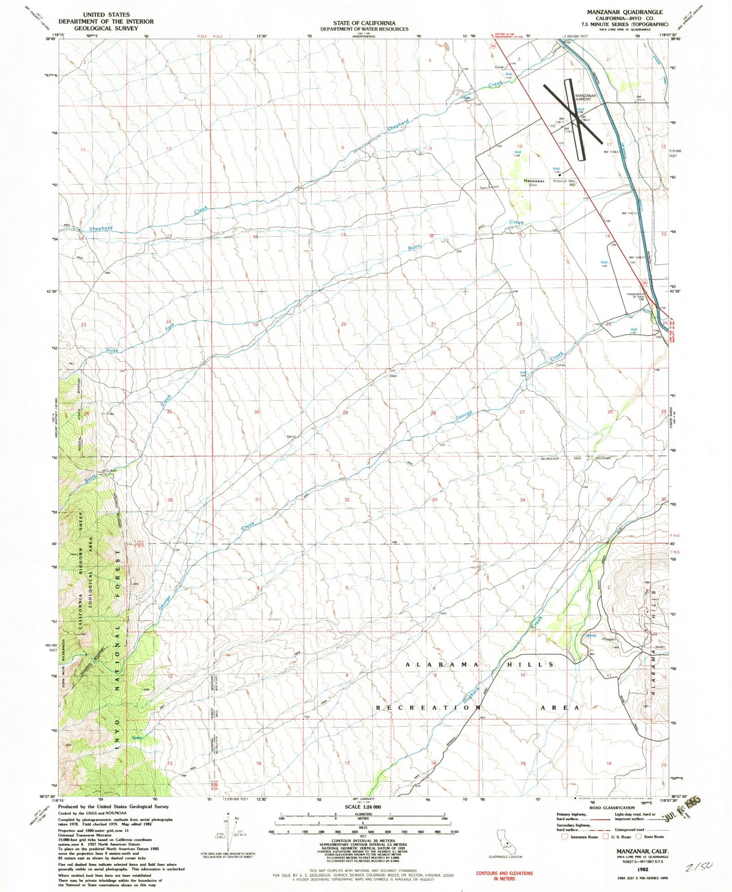 Classic USGS Manzanar California 7.5'x7.5' Topo Map Image