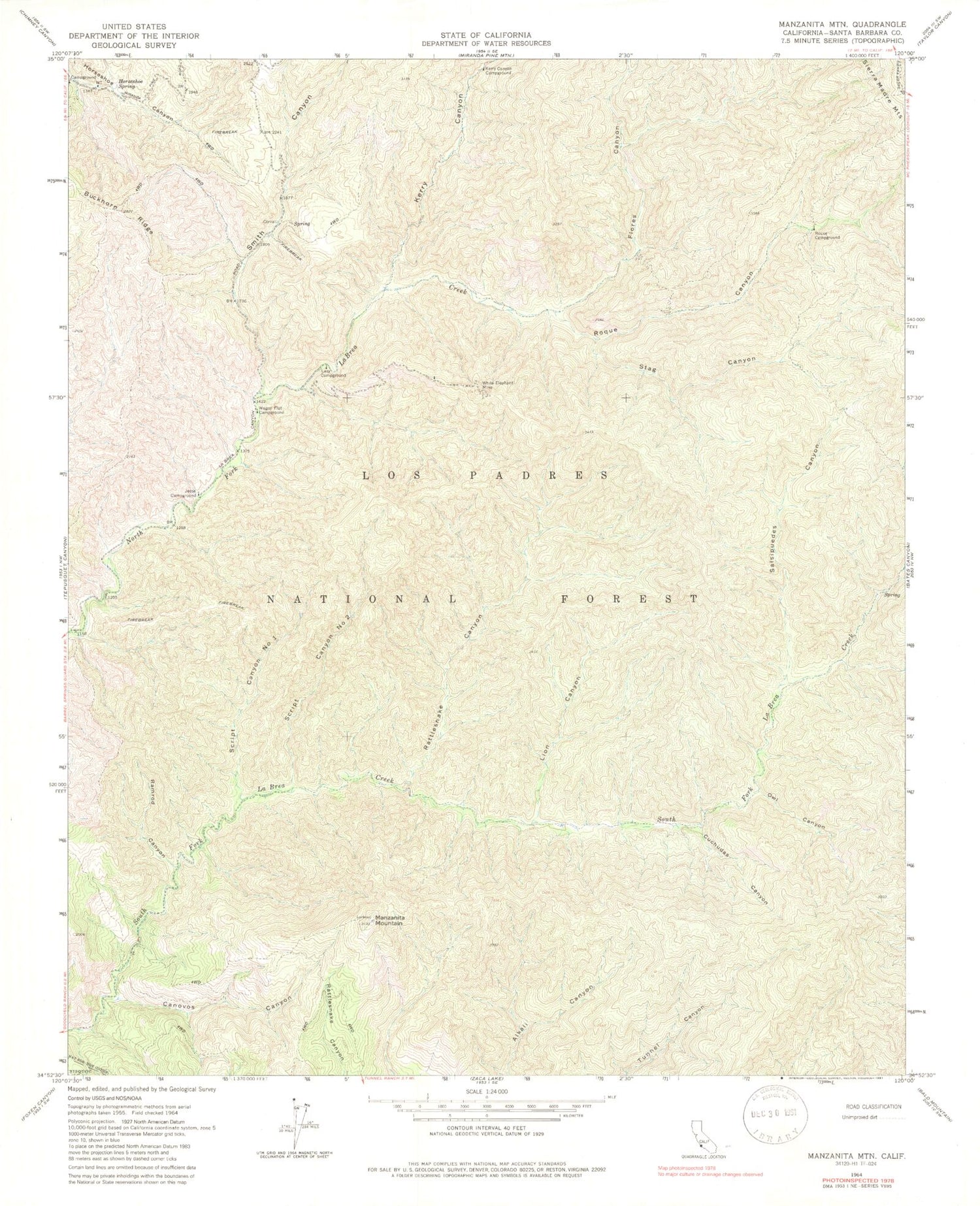 Classic USGS Manzanita Mountain California 7.5'x7.5' Topo Map Image