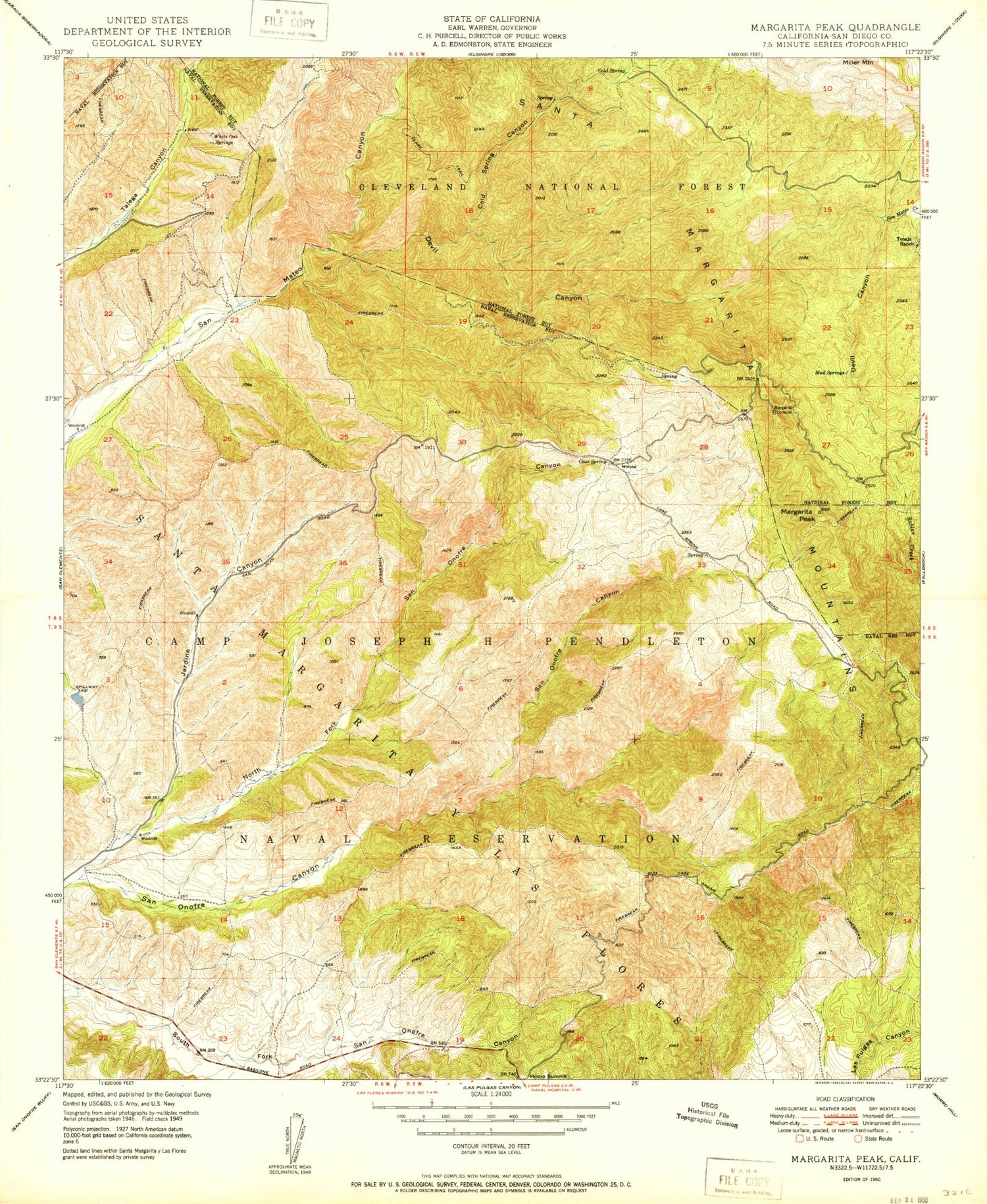 Classic USGS Margarita Peak California 7.5'x7.5' Topo Map Image