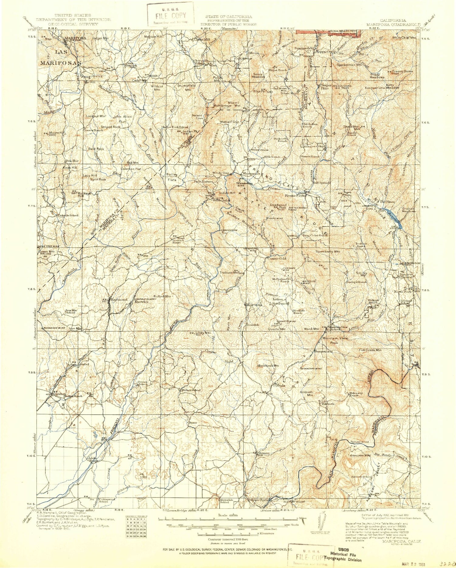 Historic 1912 Mariposa California 30'x30' Topo Map Image