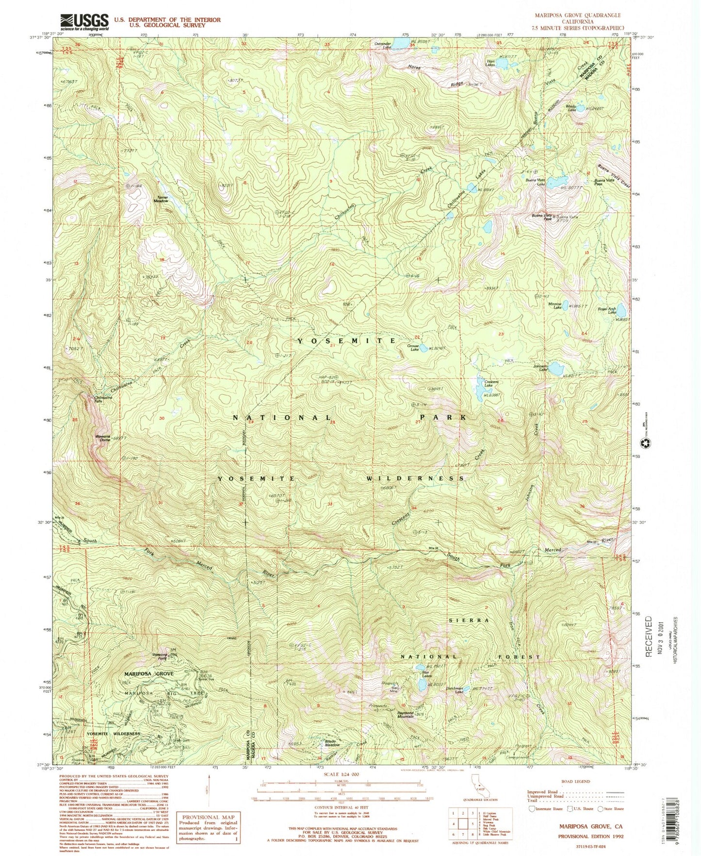 Classic USGS Mariposa Grove California 7.5'x7.5' Topo Map Image