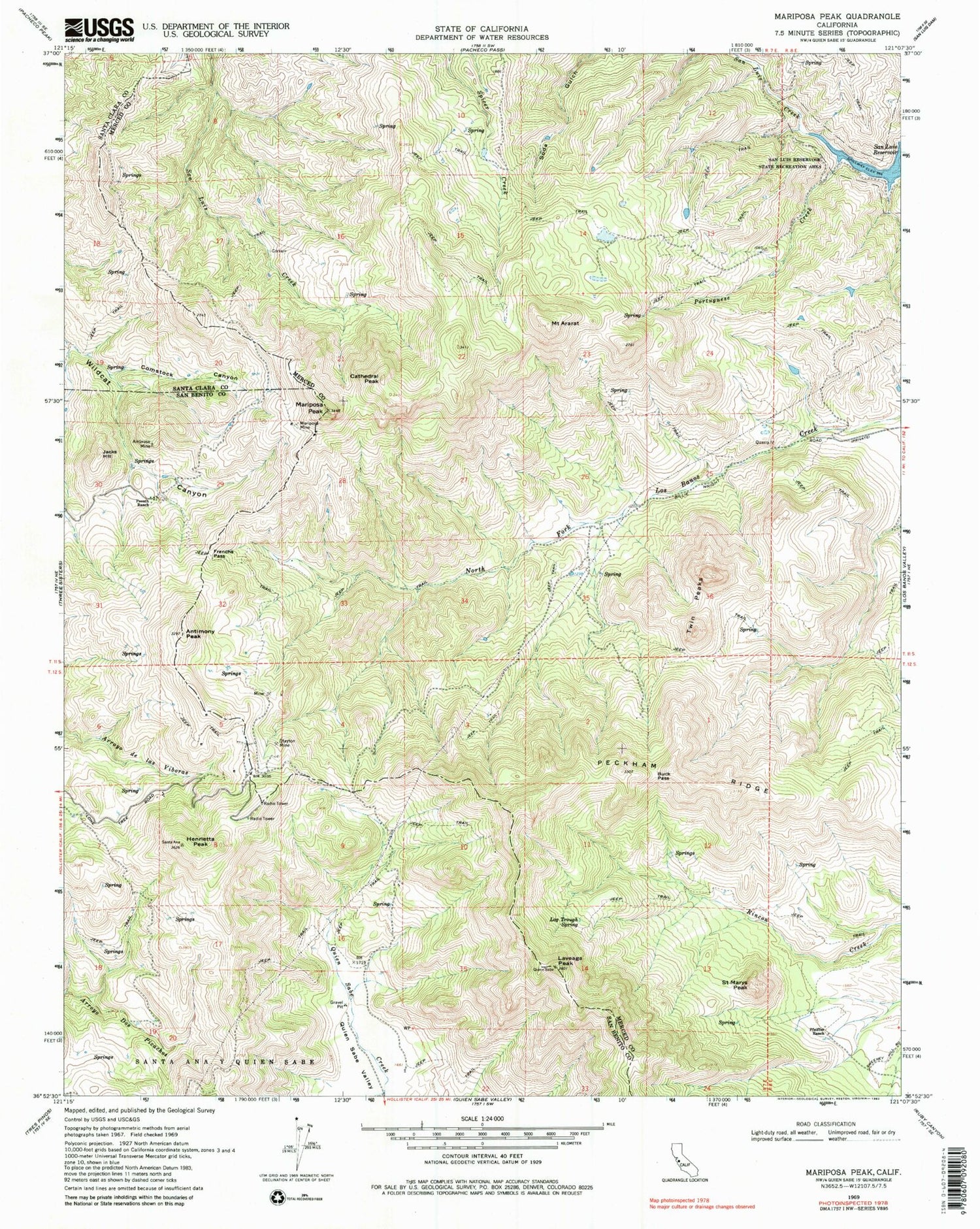 Classic USGS Mariposa Peak California 7.5'x7.5' Topo Map Image