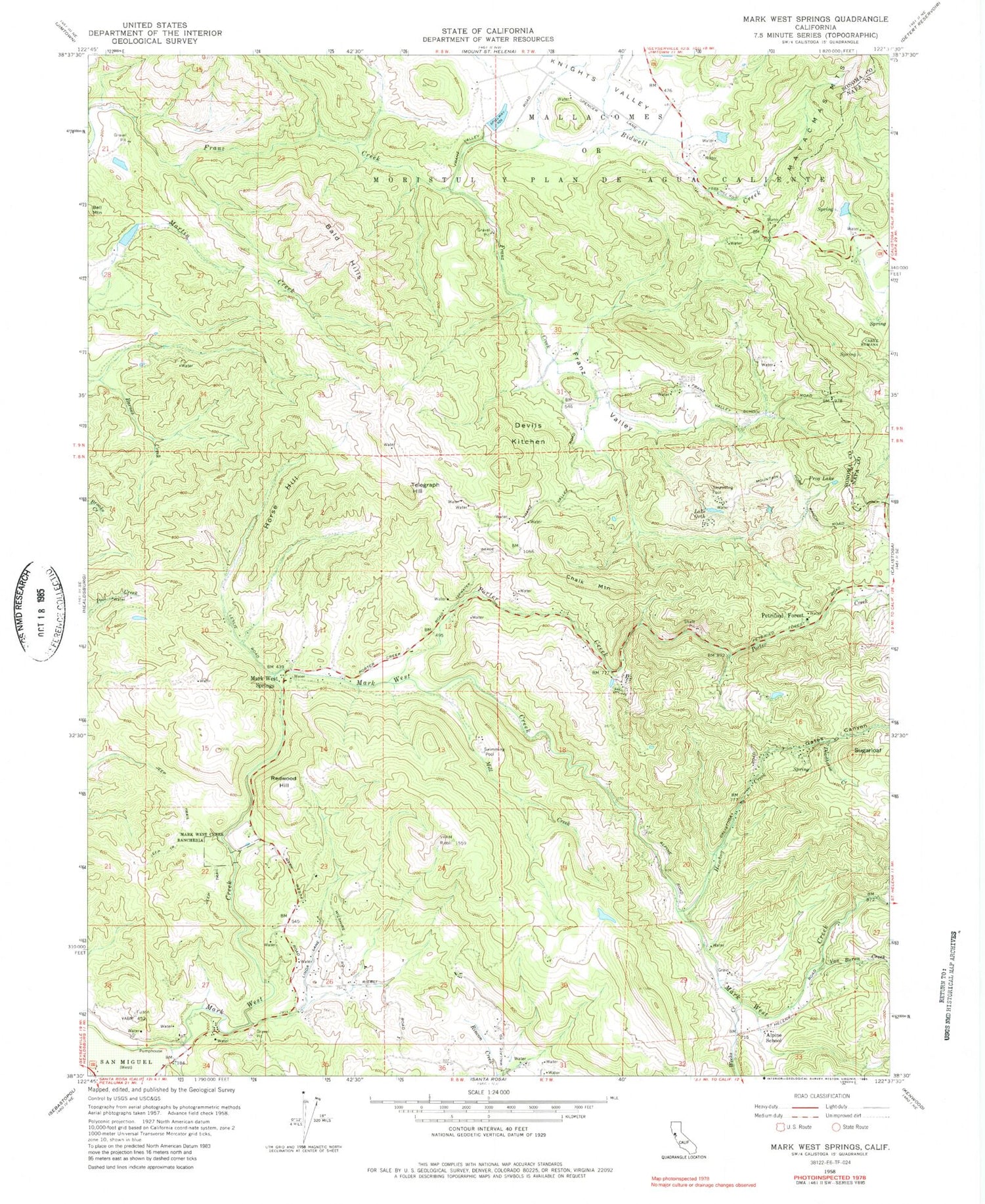 Classic USGS Mark West Springs California 7.5'x7.5' Topo Map Image