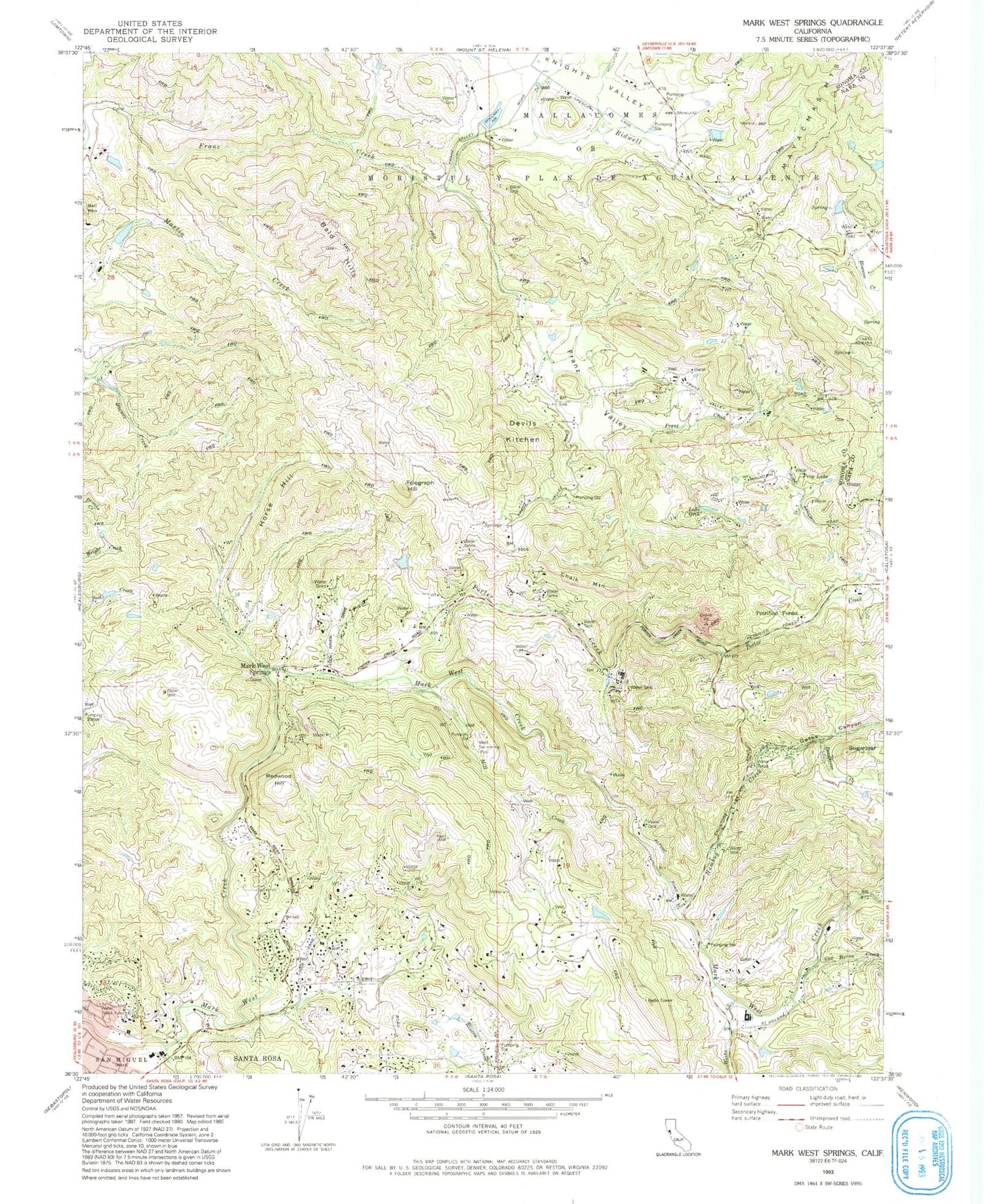 Classic USGS Mark West Springs California 7.5'x7.5' Topo Map Image