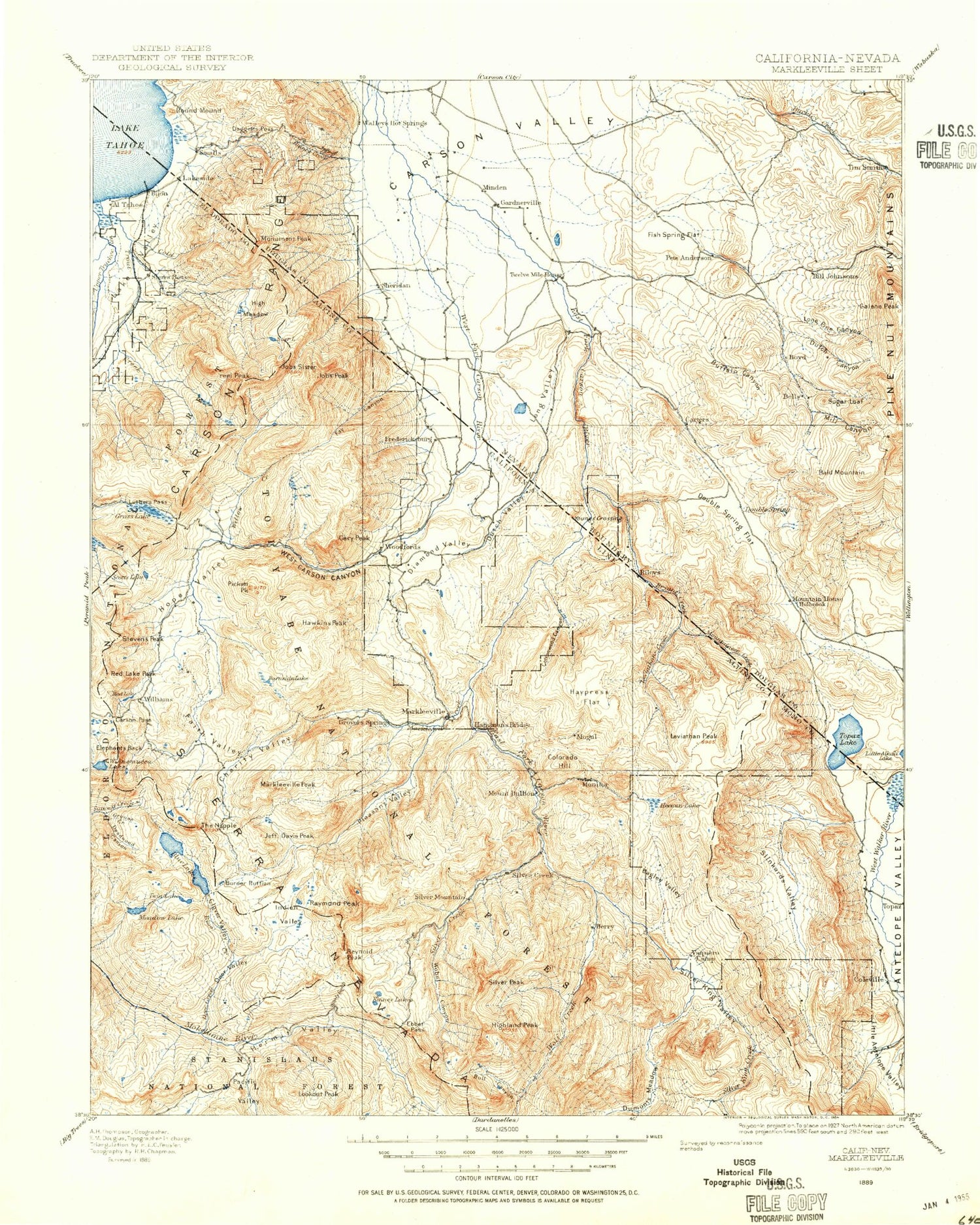 Historic 1889 Markleeville California 30'x30' Topo Map Image