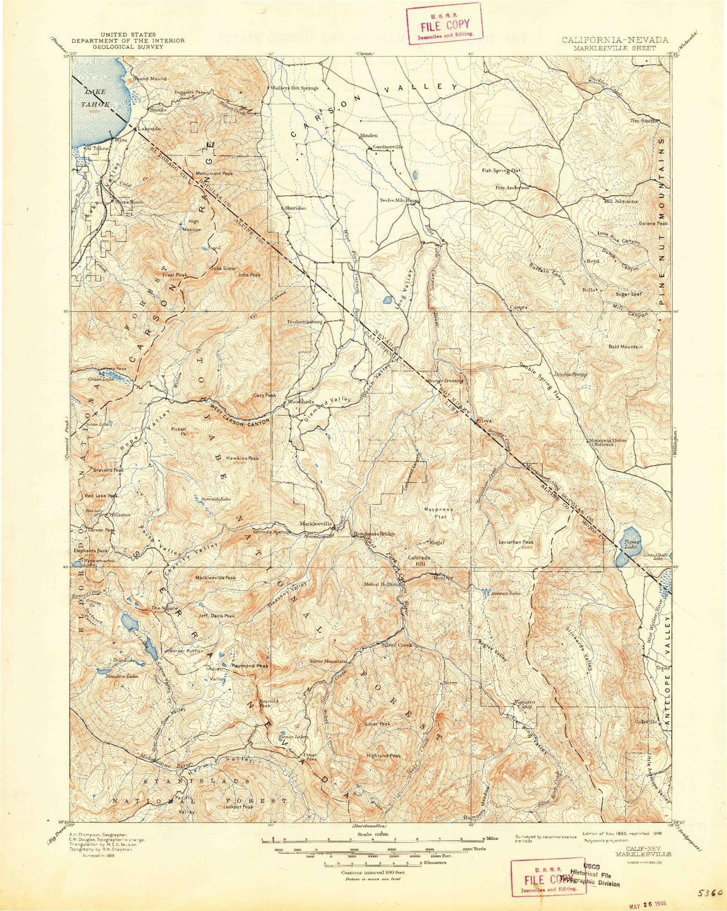 Historic 1893 Markleeville California 30'x30' Topo Map Image