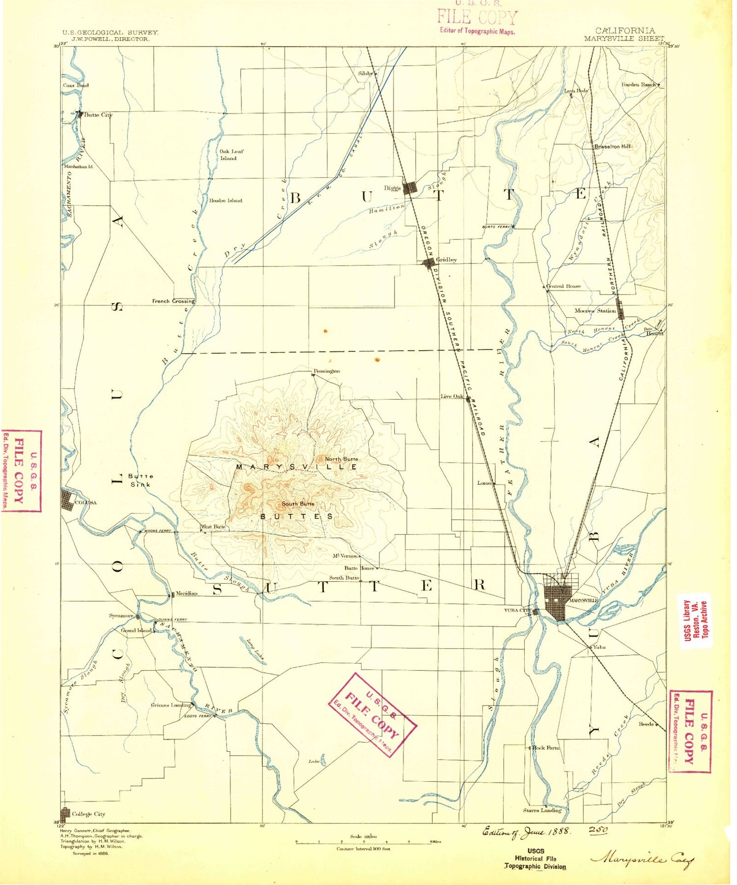 Historic 1888 Marysville California 30'x30' Topo Map Image