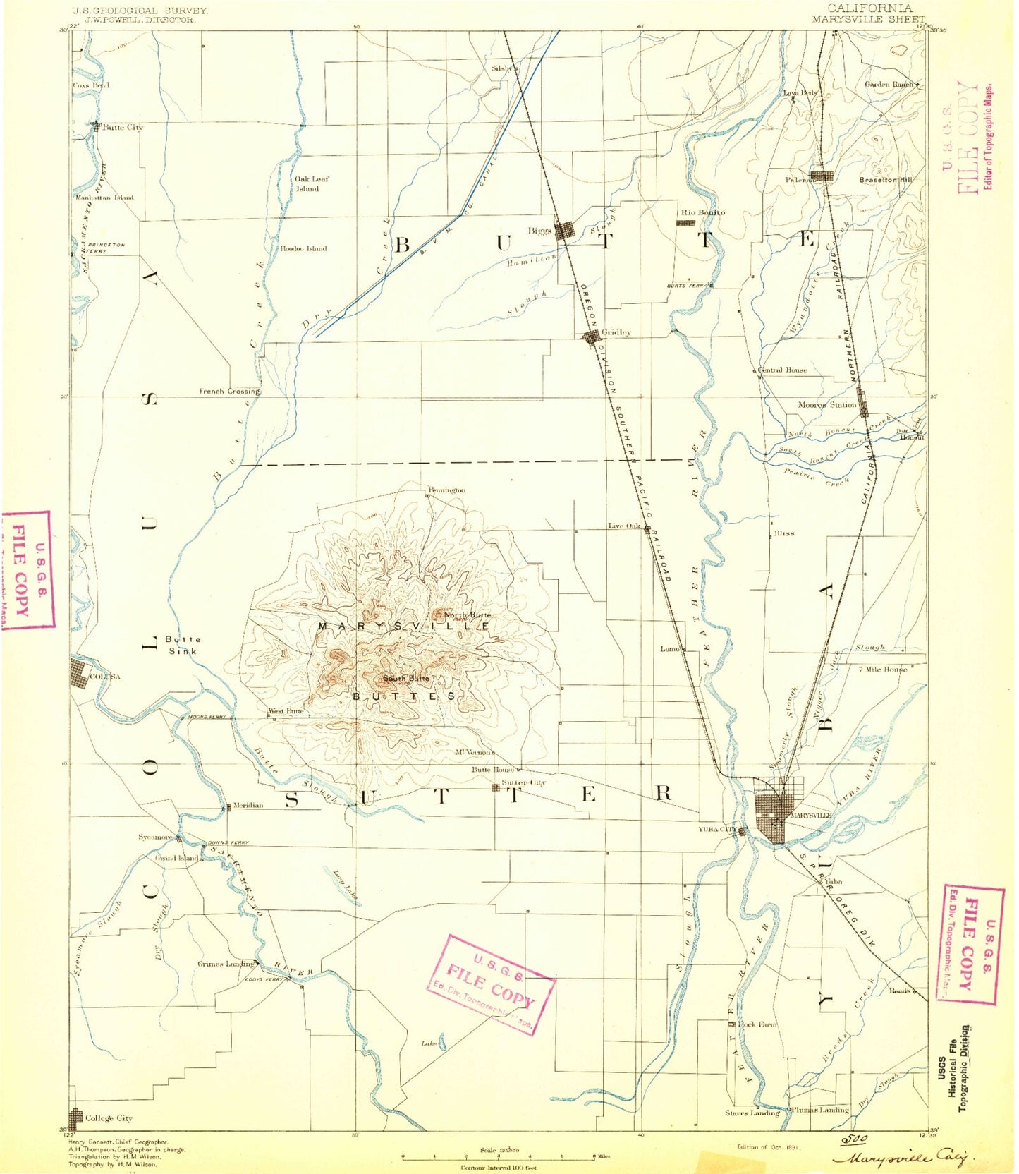 Historic 1891 Marysville California 30'x30' Topo Map Image