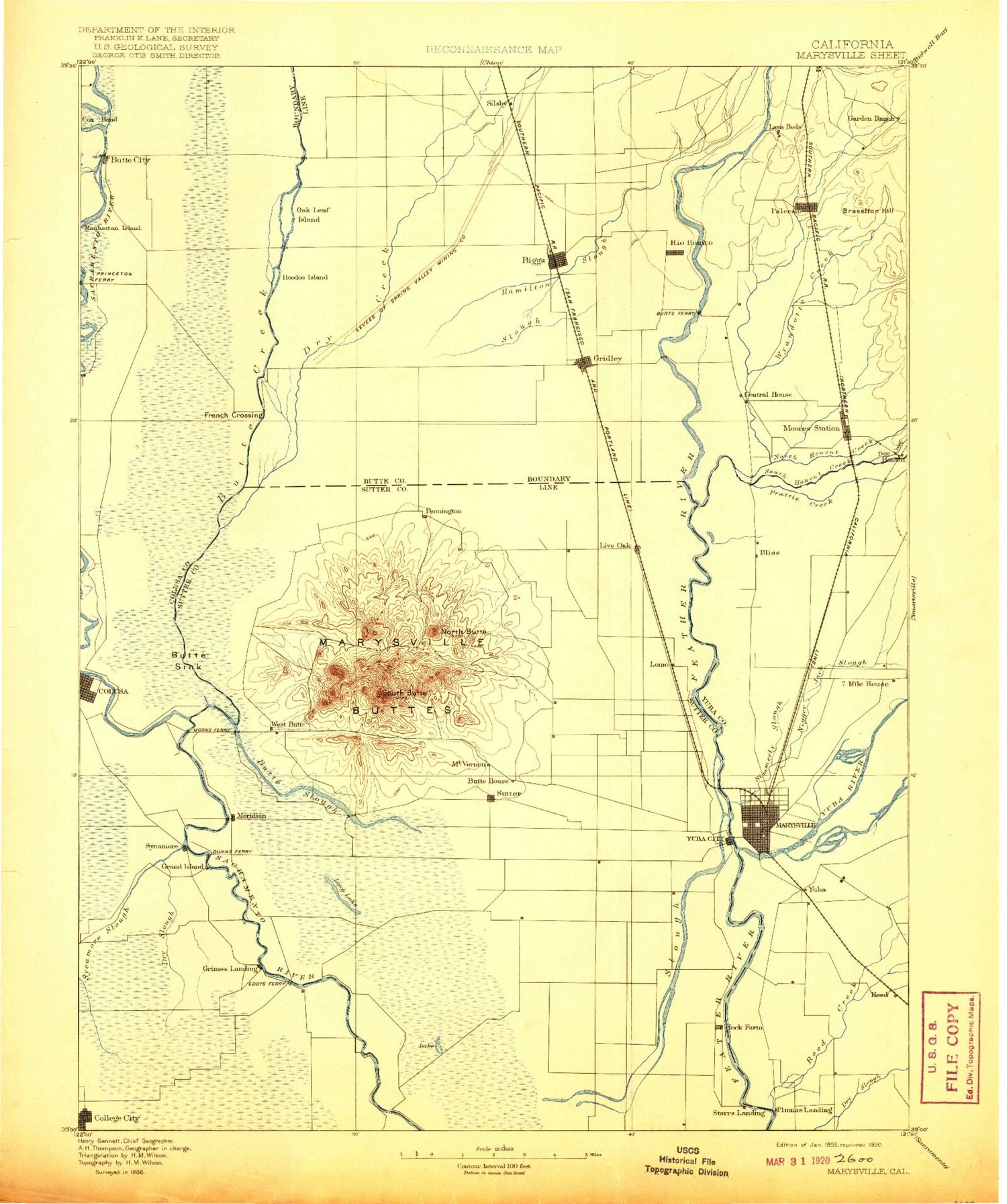 Historic 1895 Marysville California 30'x30' Topo Map Image