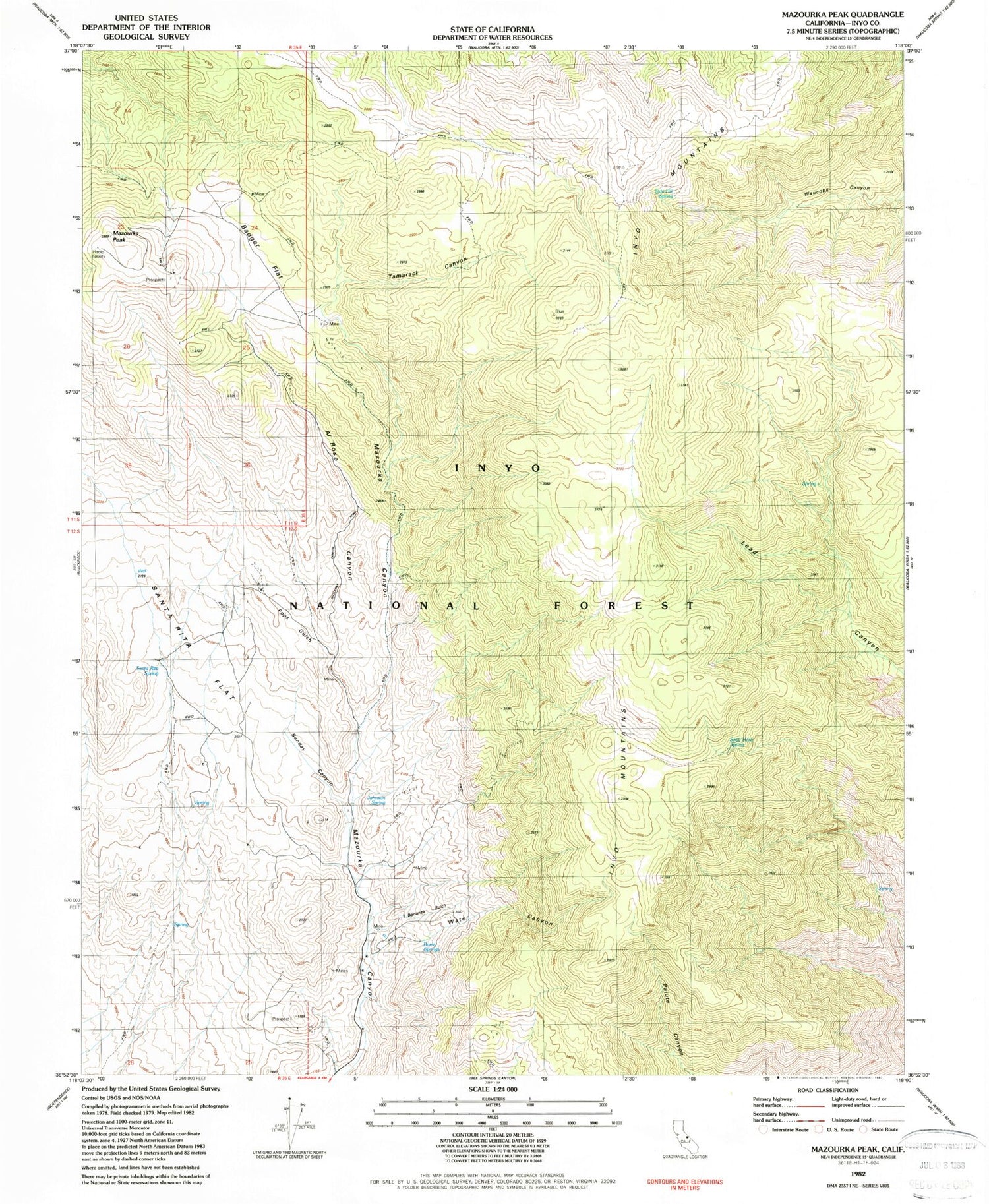 Classic USGS Mazourka Peak California 7.5'x7.5' Topo Map Image