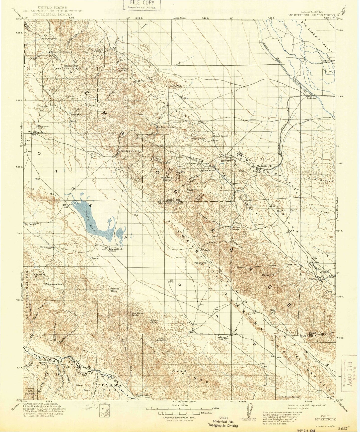Historic 1912 McKittrick California 30'x30' Topo Map Image