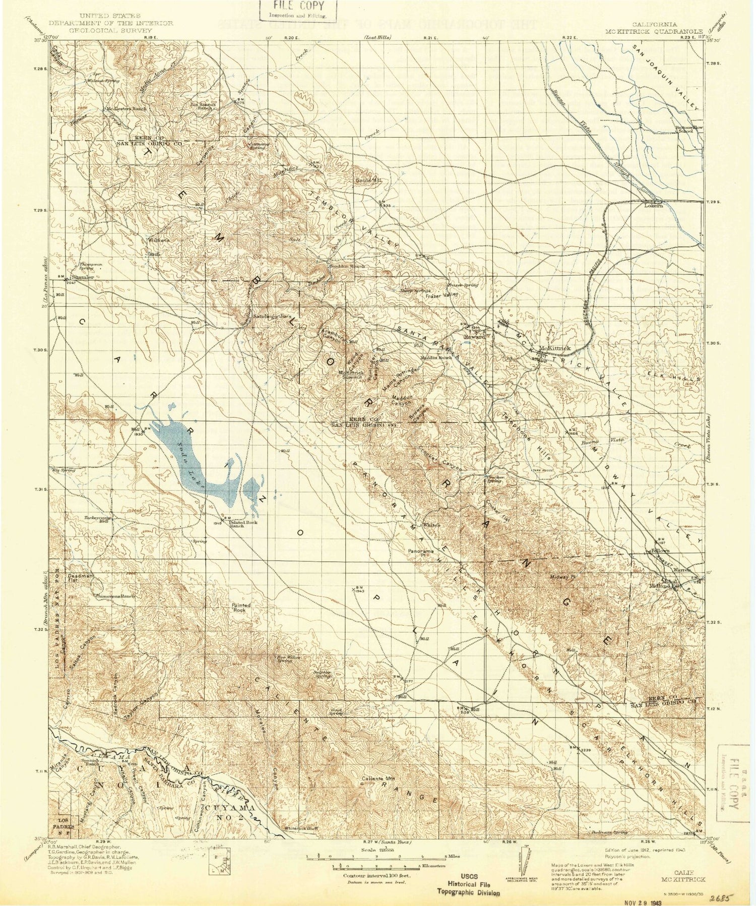 Historic 1912 McKittrick California 30'x30' Topo Map Image