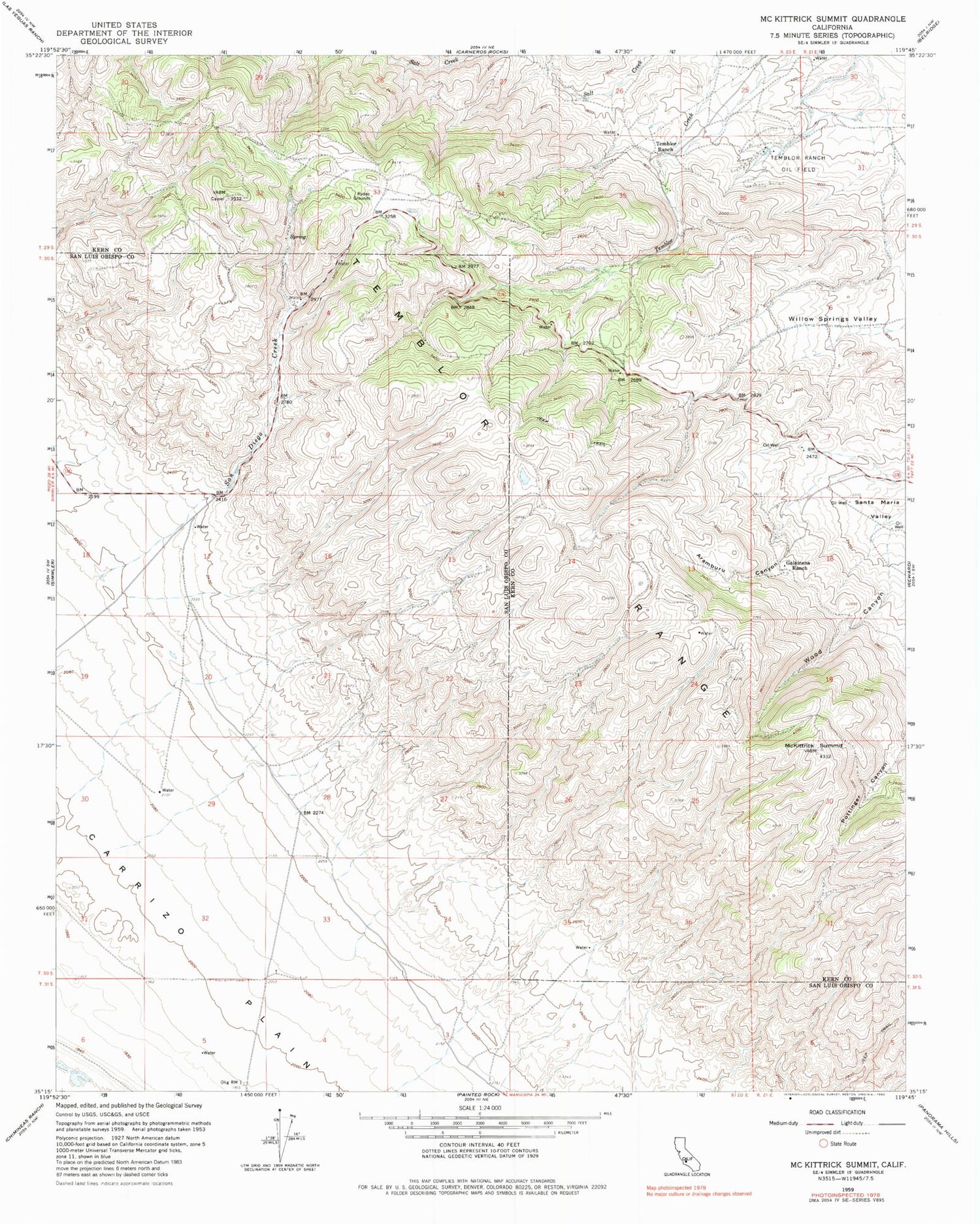 Classic USGS McKittrick Summit California 7.5'x7.5' Topo Map Image