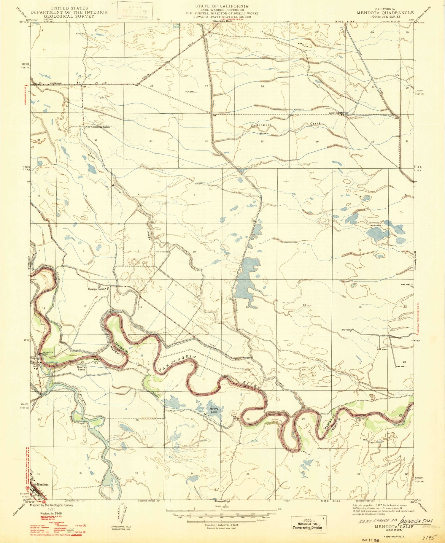 Classic USGS Mendota Dam California 7.5'x7.5' Topo Map Image