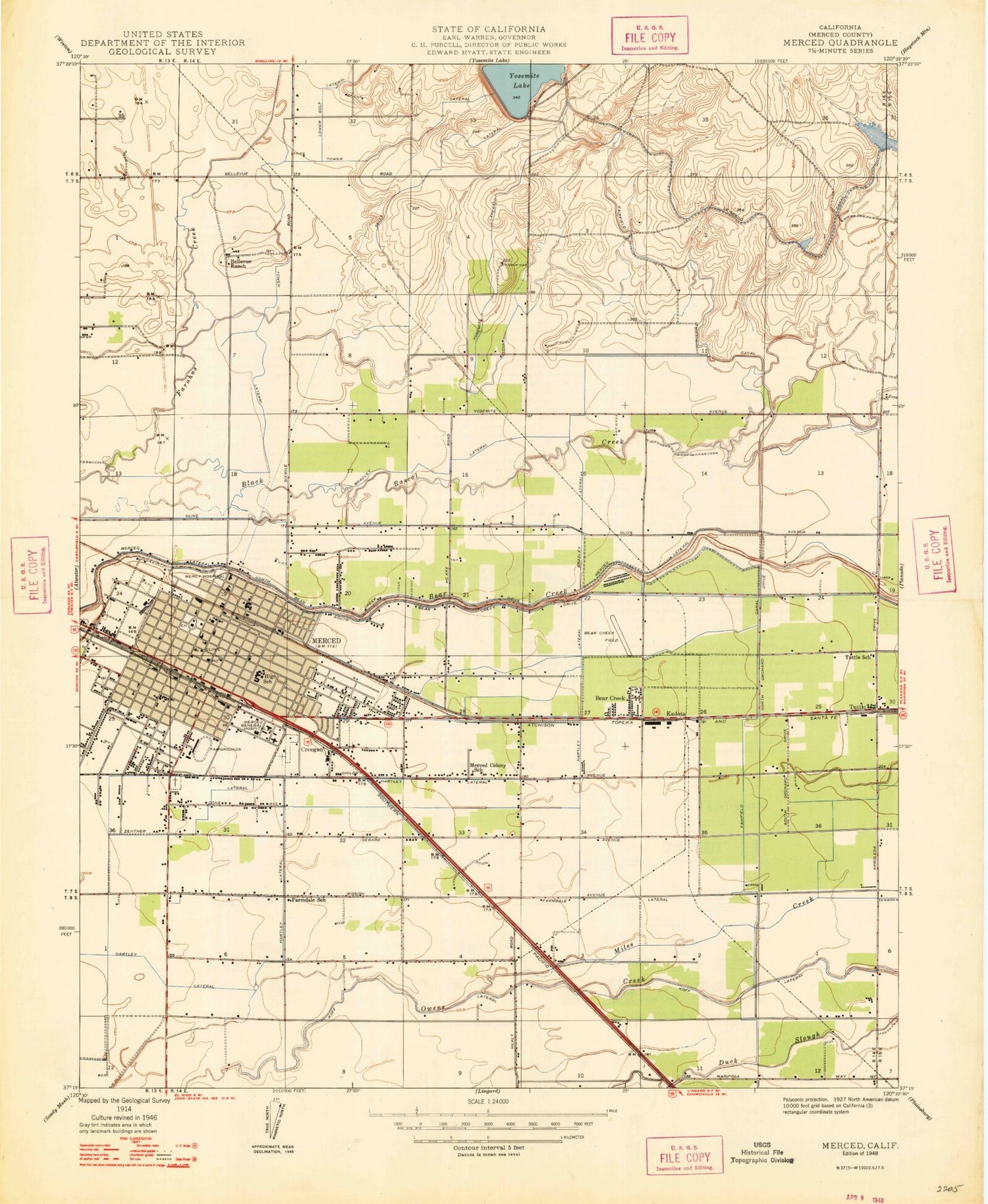 Classic USGS Merced California 7.5'x7.5' Topo Map Image