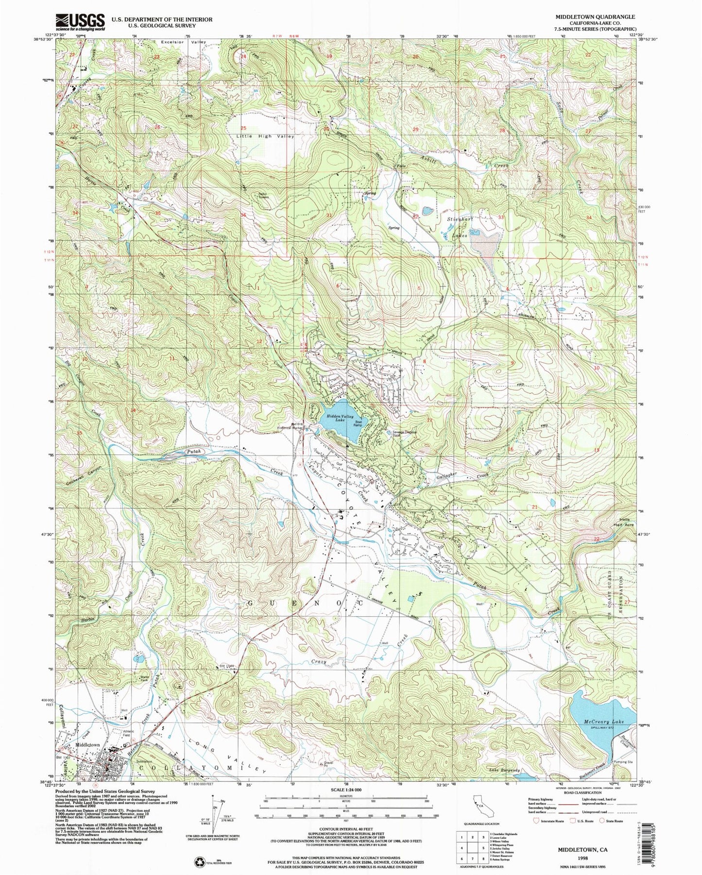 Classic USGS Middletown California 7.5'x7.5' Topo Map Image