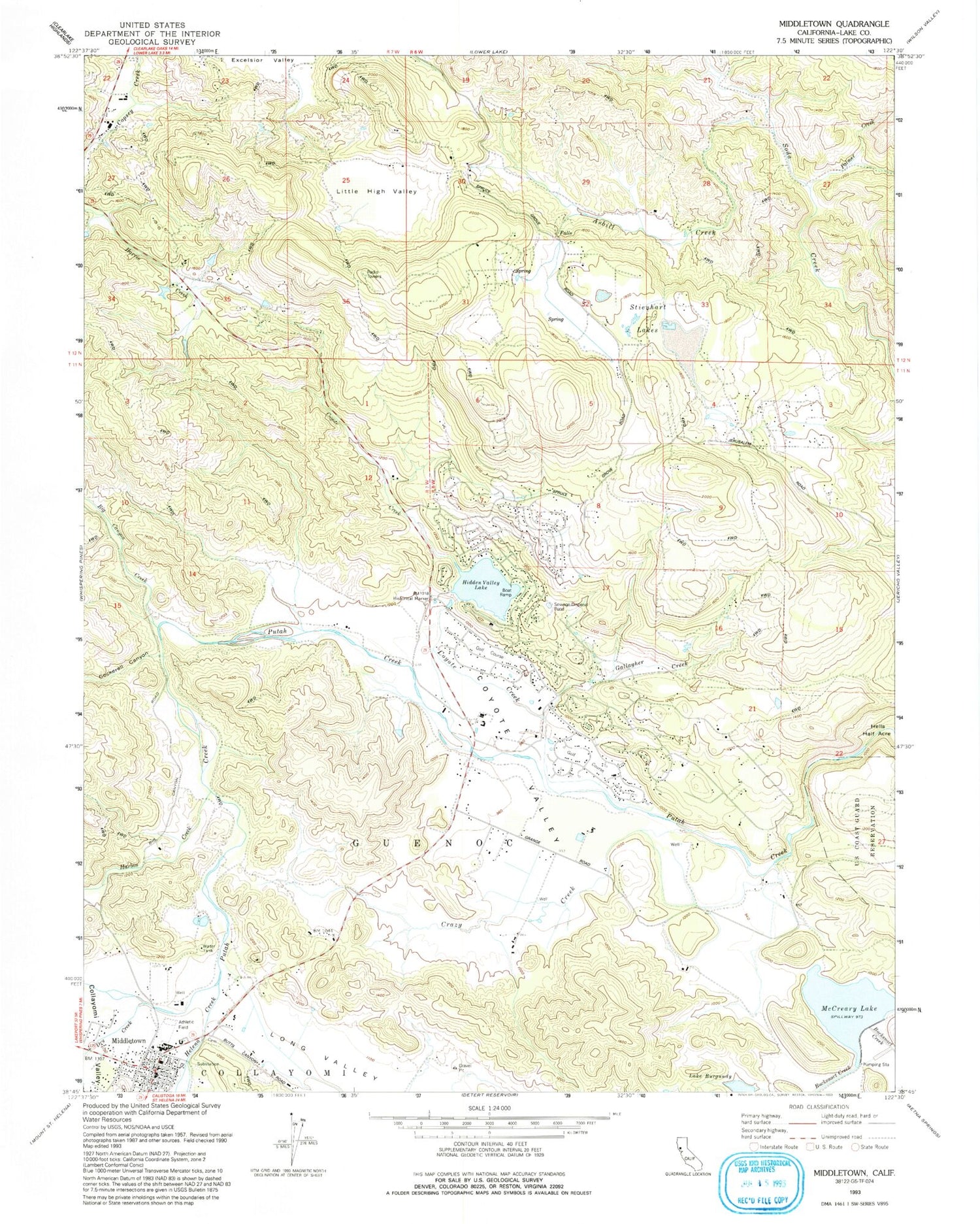 Classic USGS Middletown California 7.5'x7.5' Topo Map Image
