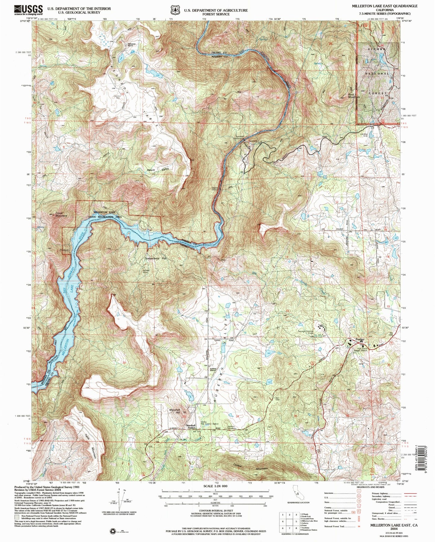 Classic USGS Millerton Lake East California 7.5'x7.5' Topo Map Image