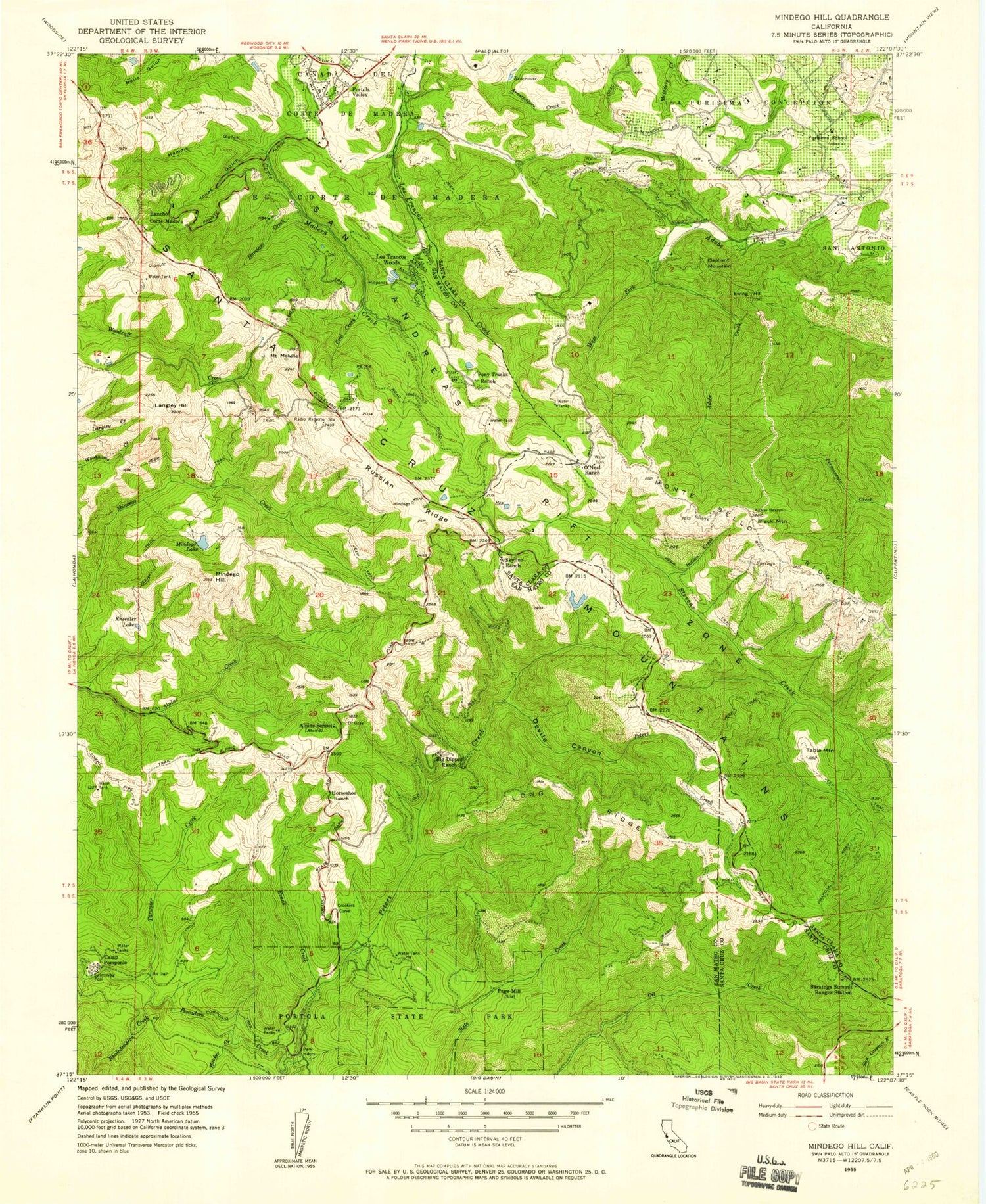 Classic USGS Mindego Hill California 7.5'x7.5' Topo Map Image