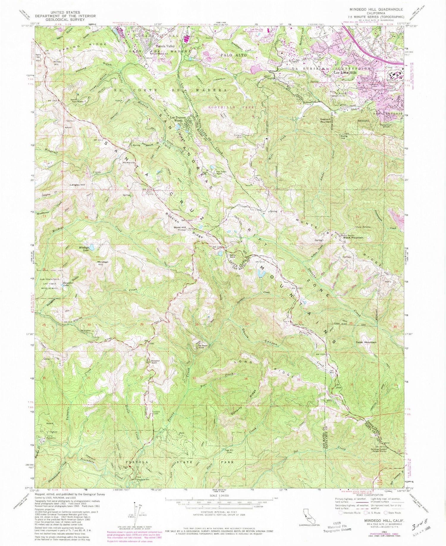 Classic USGS Mindego Hill California 7.5'x7.5' Topo Map Image