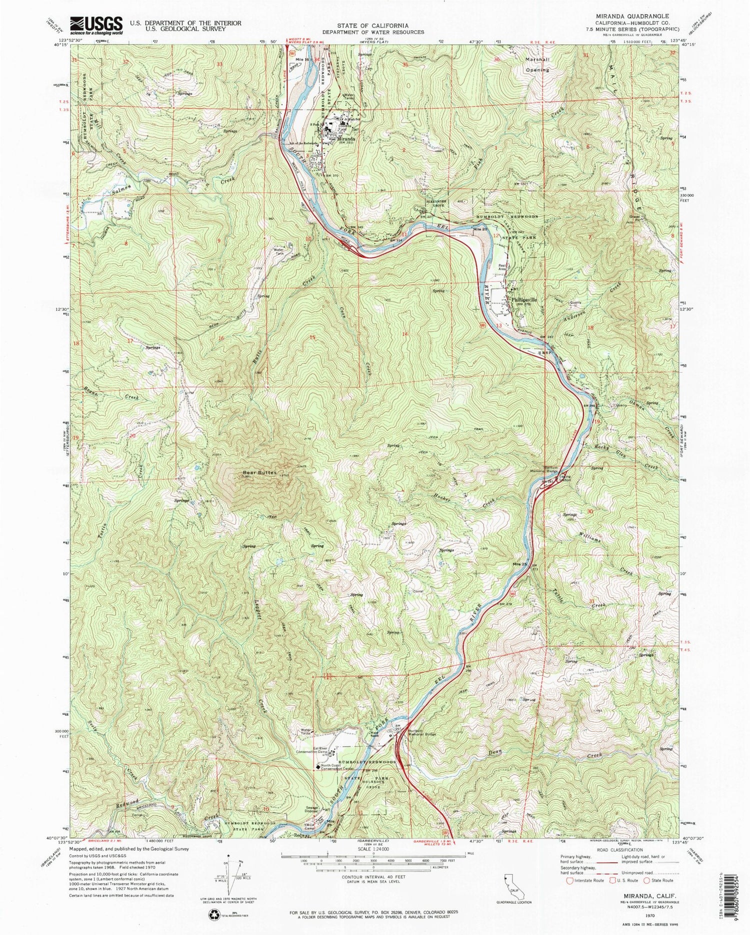 Classic USGS Miranda California 7.5'x7.5' Topo Map Image