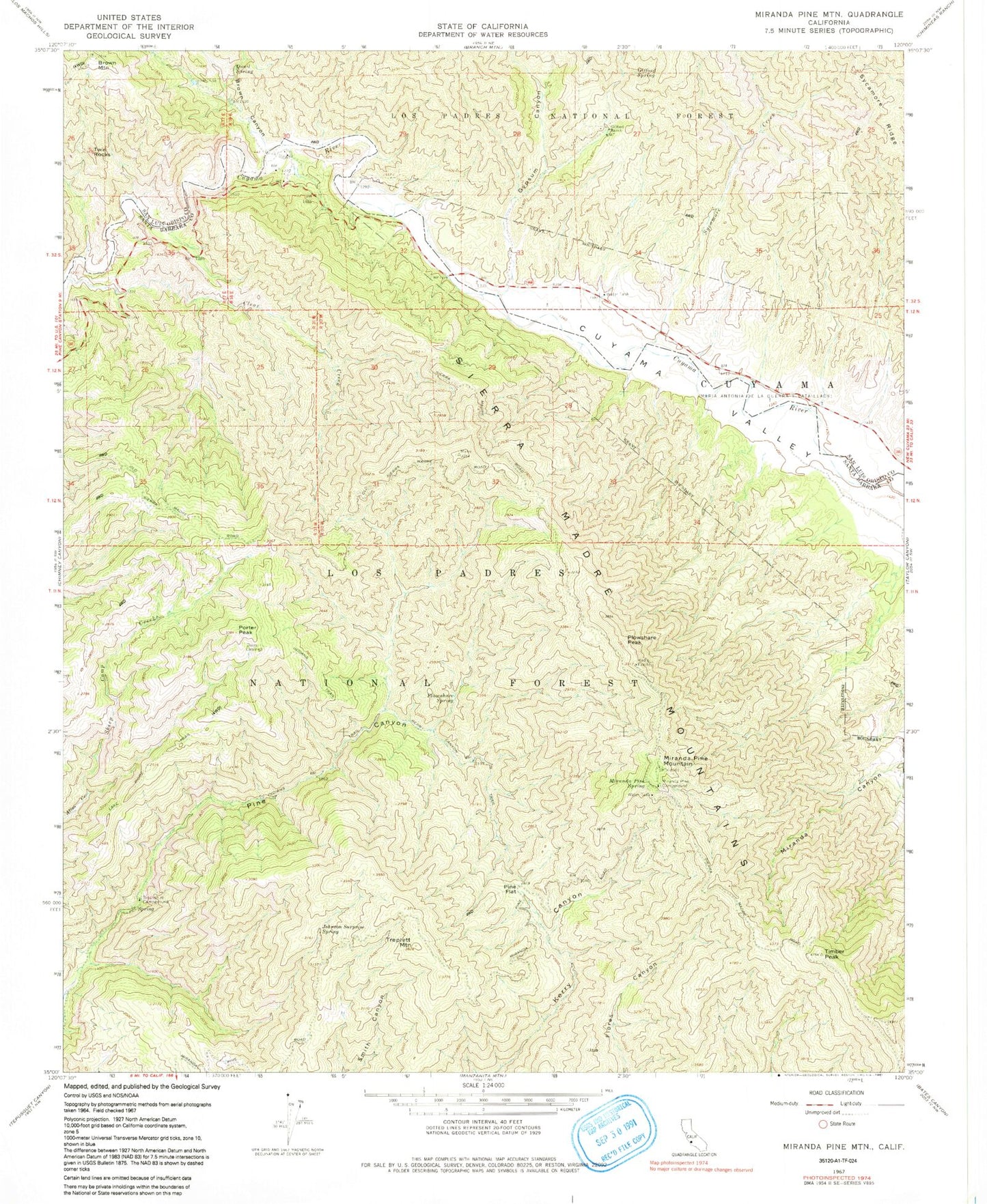 Classic USGS Miranda Pine Mountain California 7.5'x7.5' Topo Map Image