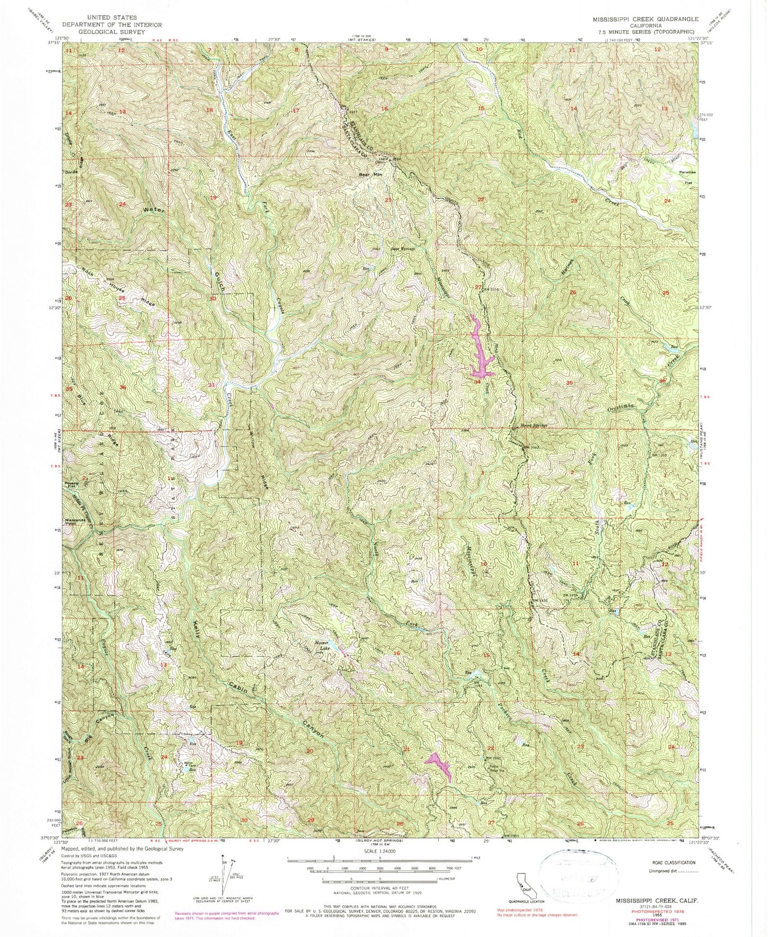 Classic USGS Mississippi Creek California 7.5'x7.5' Topo Map Image