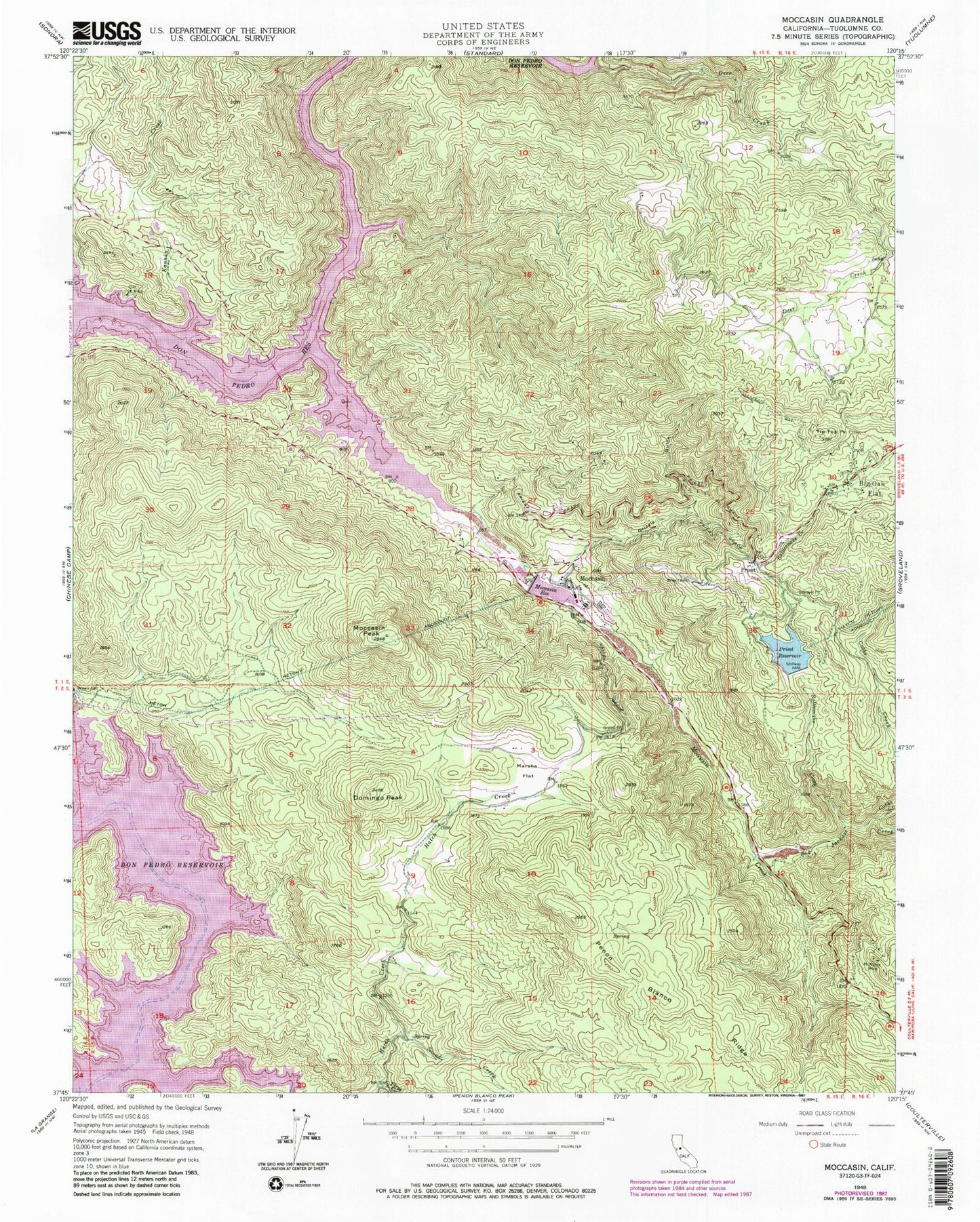 Classic USGS Moccasin California 7.5'x7.5' Topo Map Image