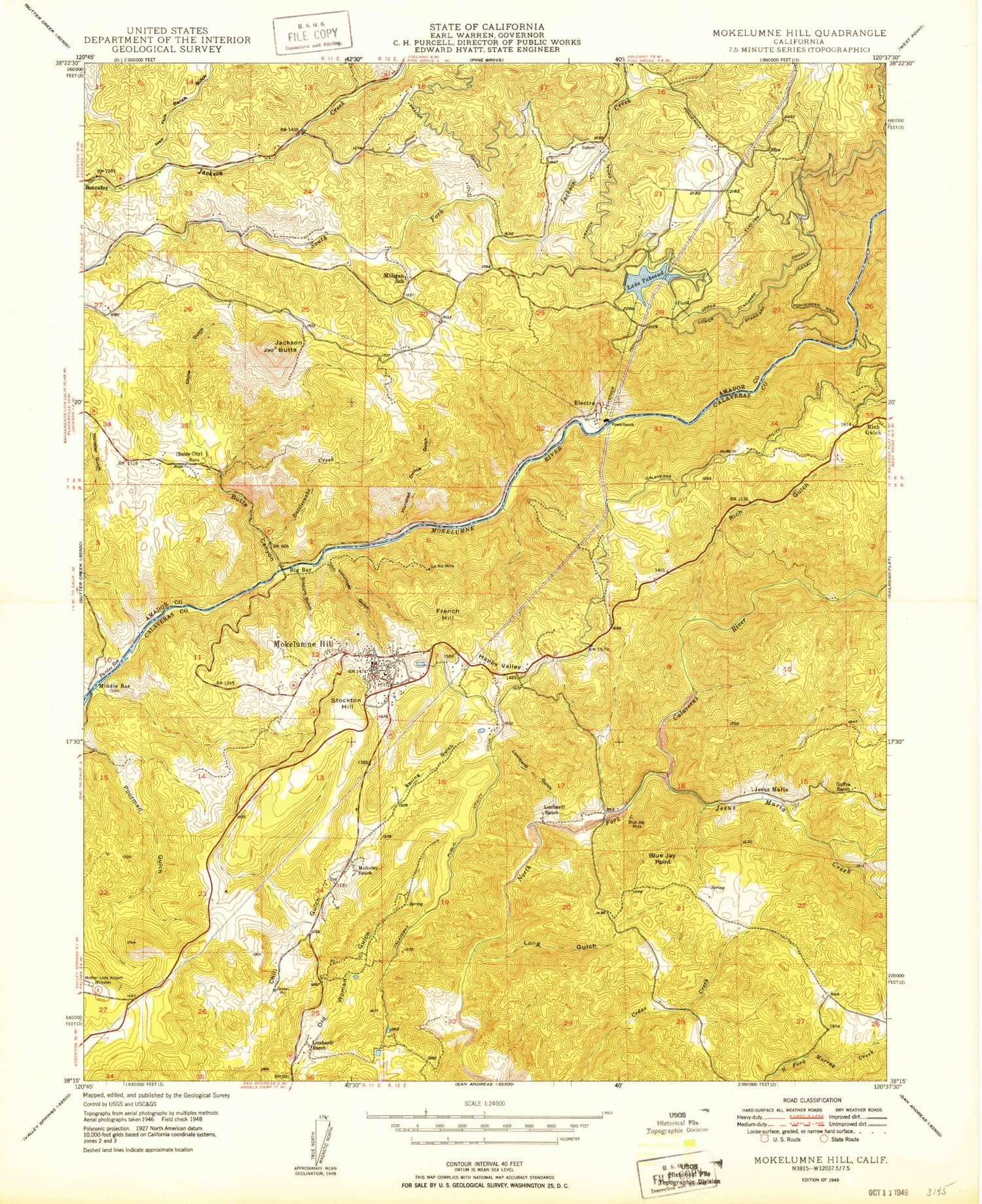 Classic USGS Mokelumne Hill California 7.5'x7.5' Topo Map Image