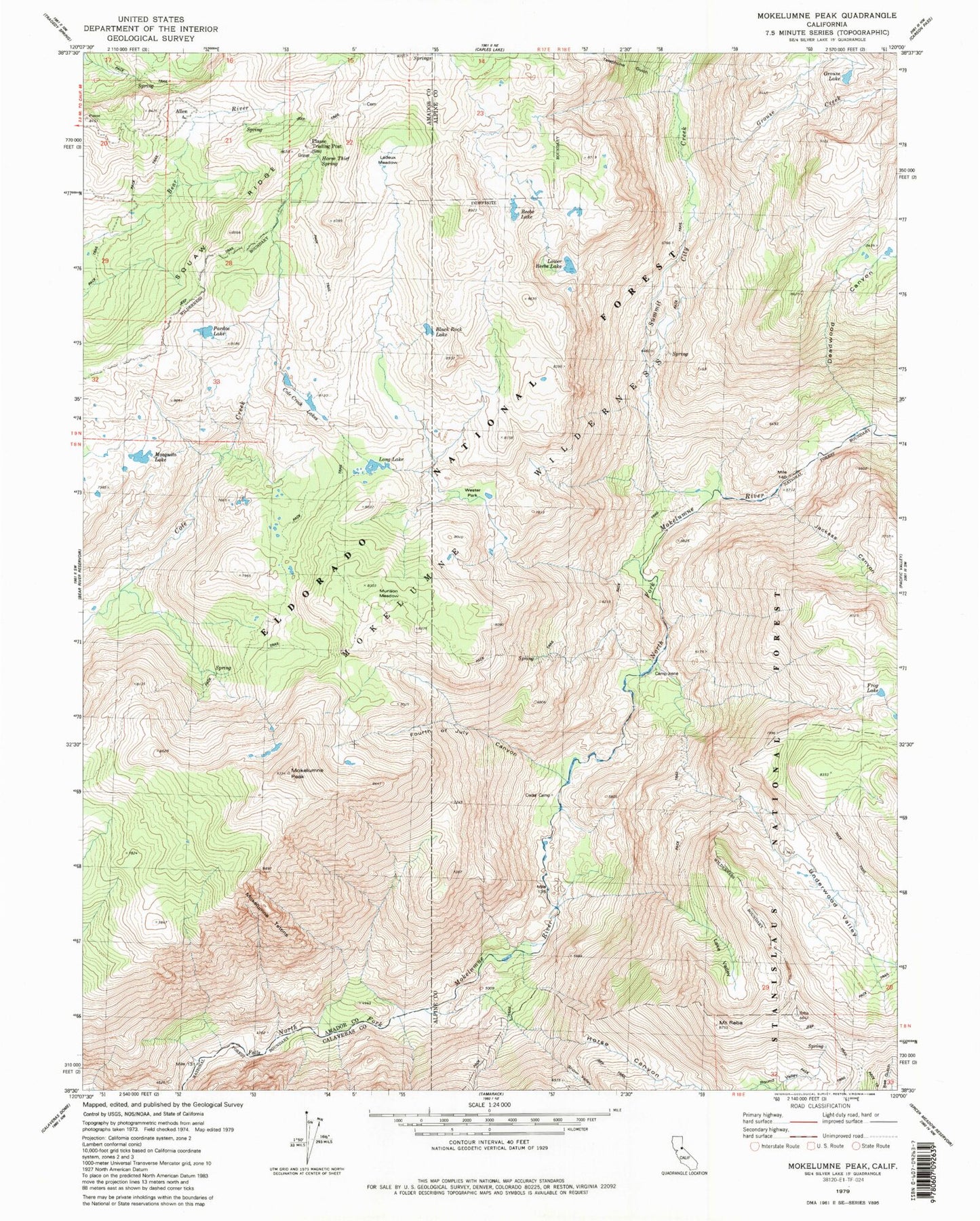 Classic USGS Mokelumne Peak California 7.5'x7.5' Topo Map Image