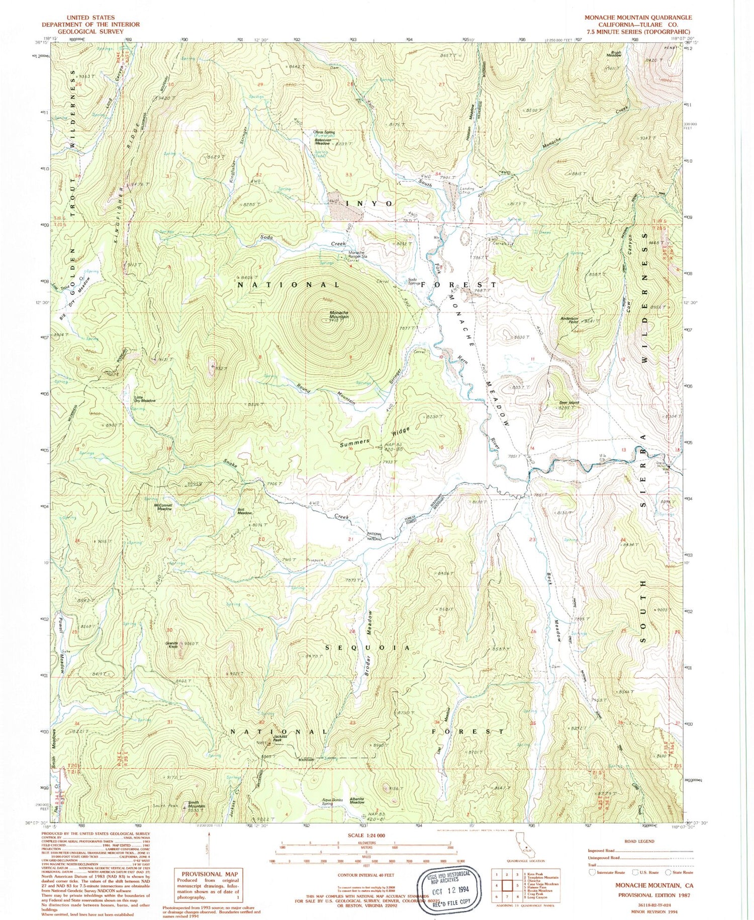 Classic USGS Monache Mountain California 7.5'x7.5' Topo Map Image
