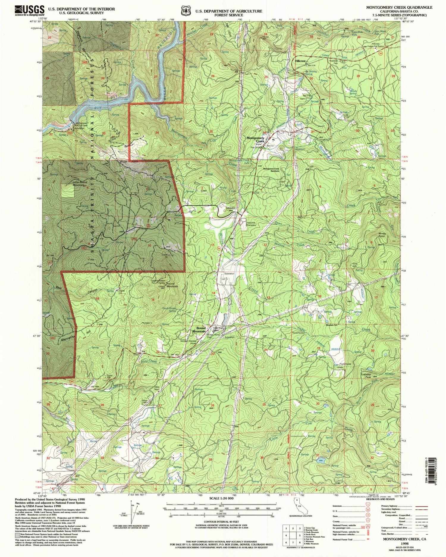 Classic USGS Montgomery Creek California 7.5'x7.5' Topo Map Image