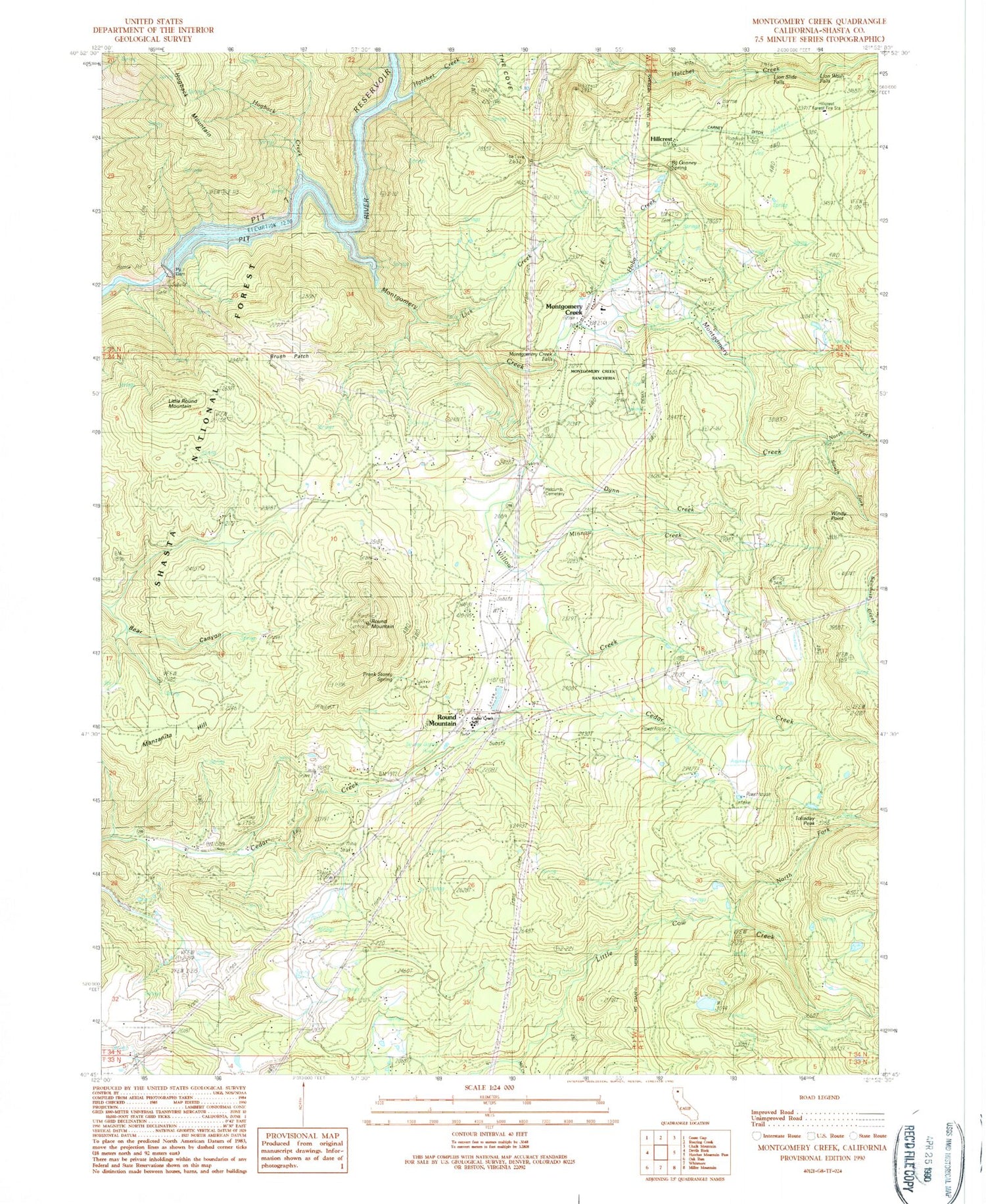 Classic USGS Montgomery Creek California 7.5'x7.5' Topo Map Image