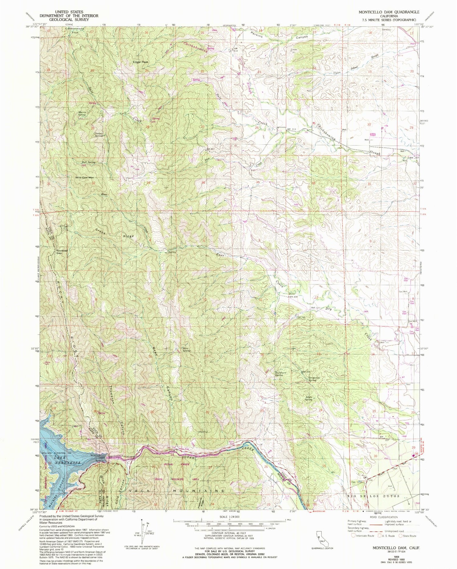 Classic USGS Monticello Dam California 7.5'x7.5' Topo Map Image