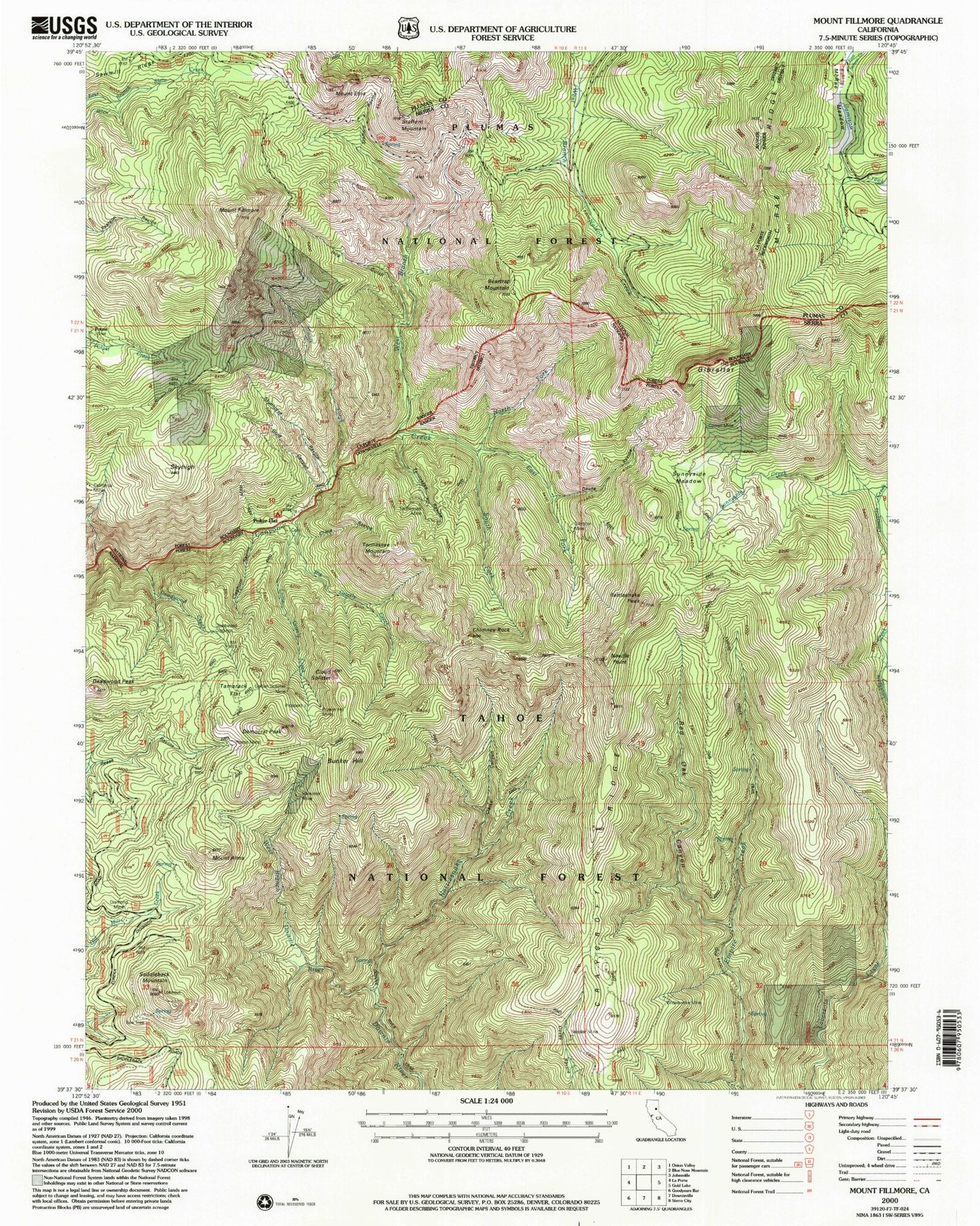 Classic USGS Mount Fillmore California 7.5'x7.5' Topo Map Image