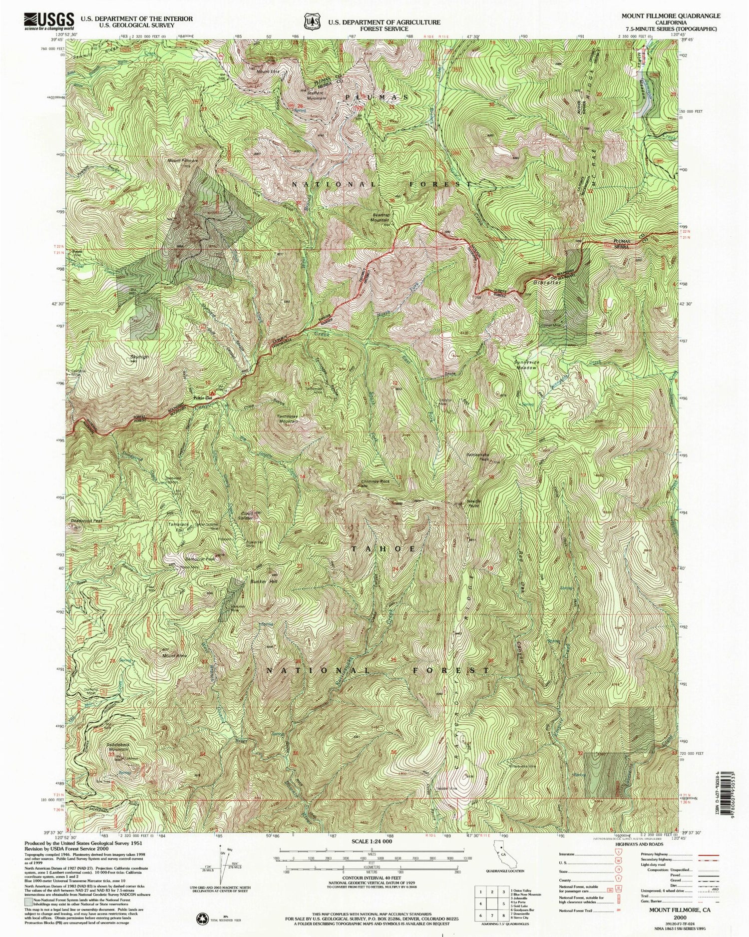 Classic USGS Mount Fillmore California 7.5'x7.5' Topo Map Image