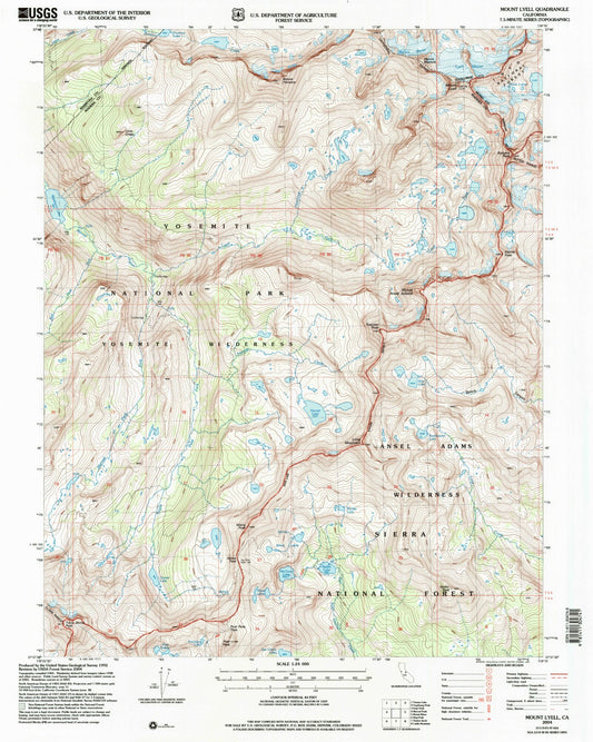 Classic USGS Mount Lyell California 7.5'x7.5' Topo Map Image
