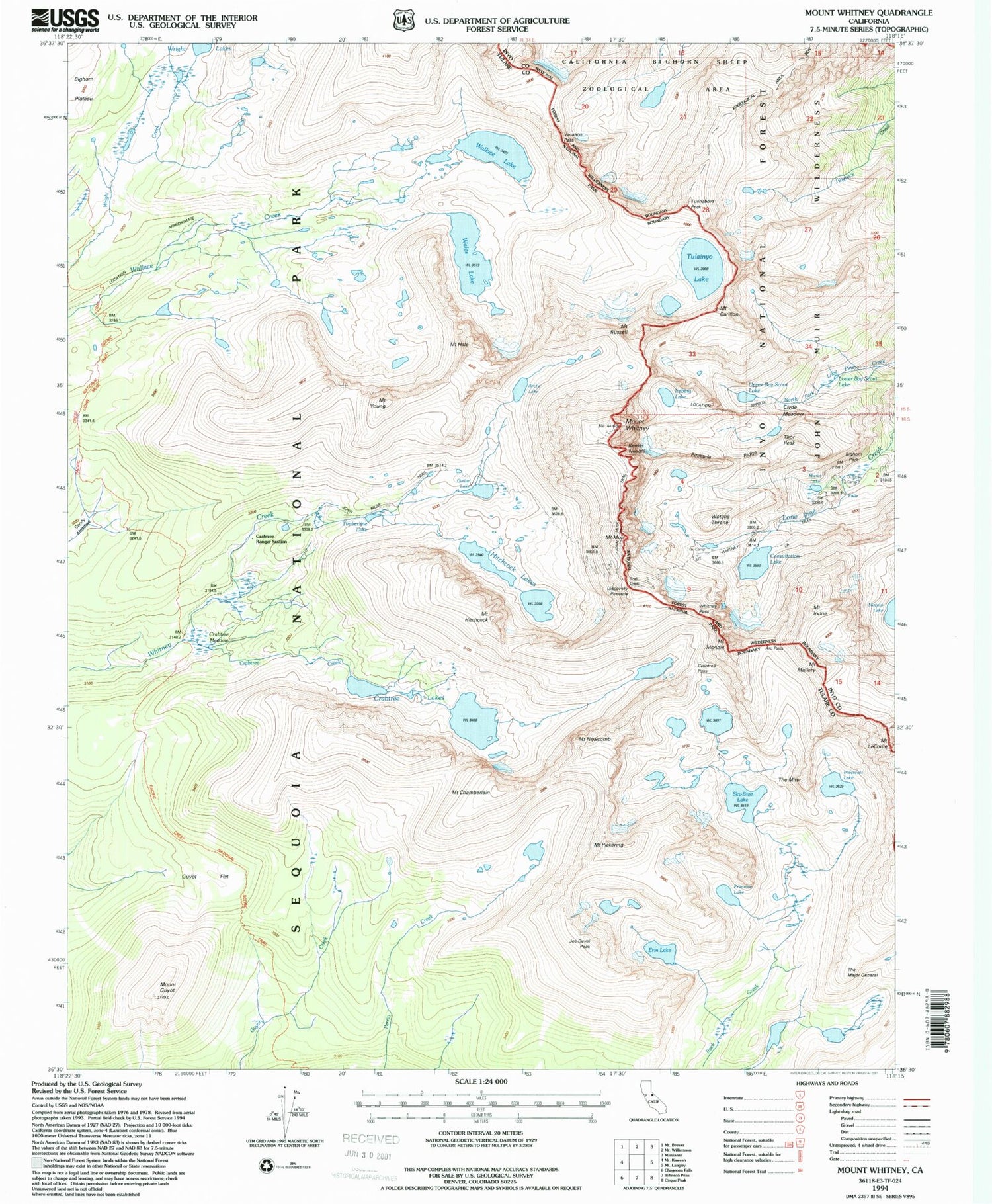 USGS Classic Mount Whitney California 7.5'x7.5' Topo Map Image