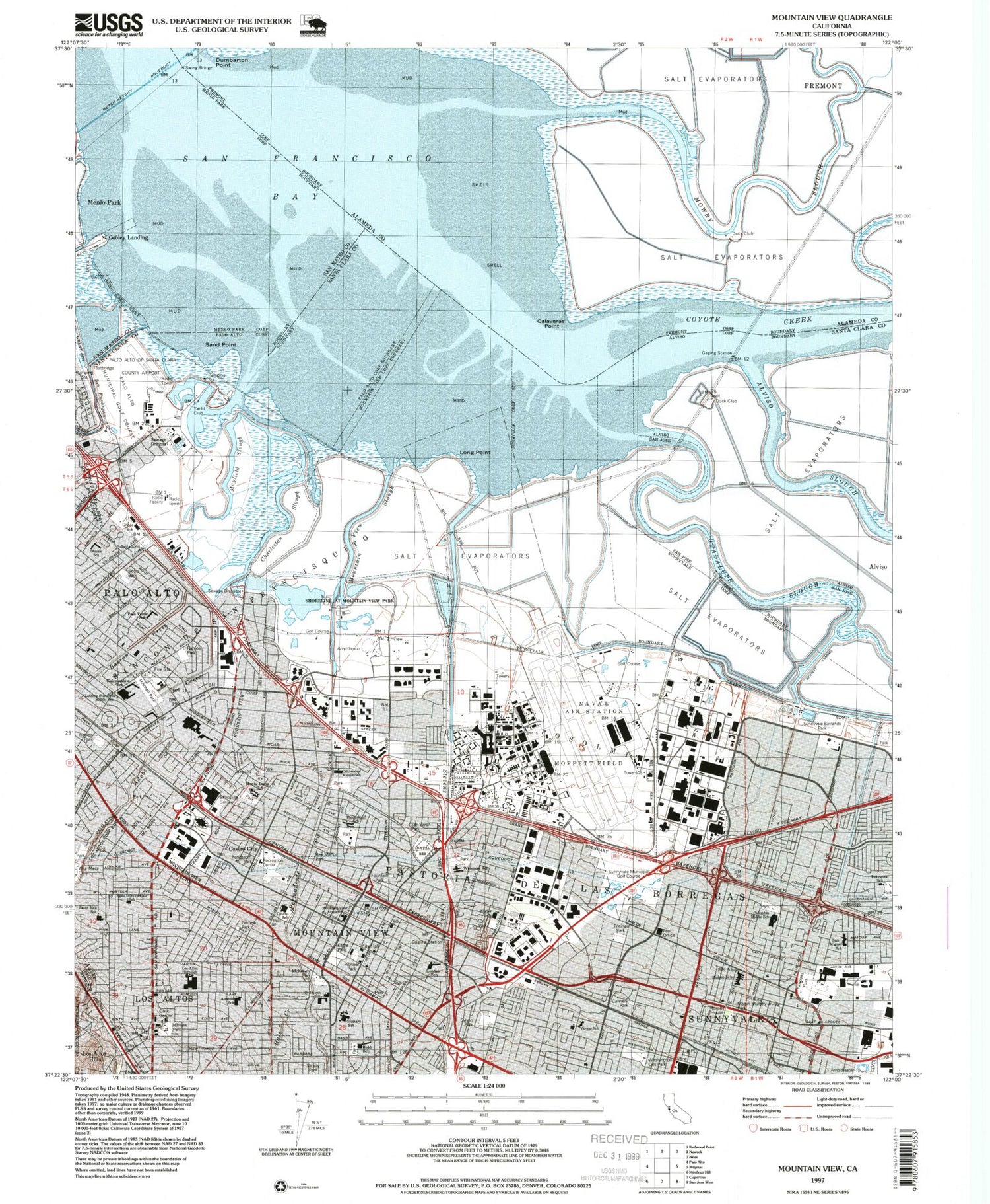 Classic USGS Mountain View California 7.5'x7.5' Topo Map Image