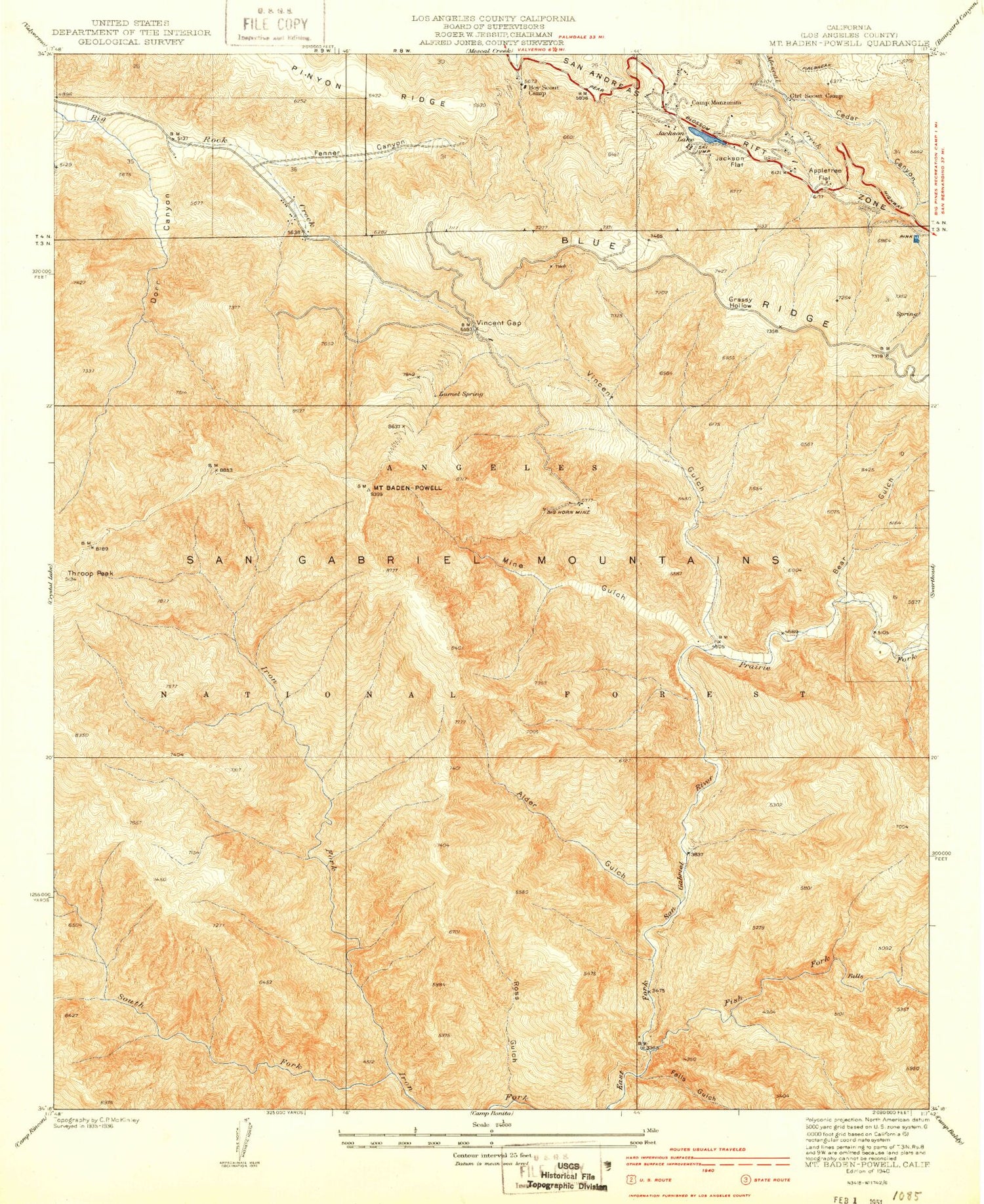 Classic USGS Mount Baden-Powell California 7.5'x7.5' Topo Map Image