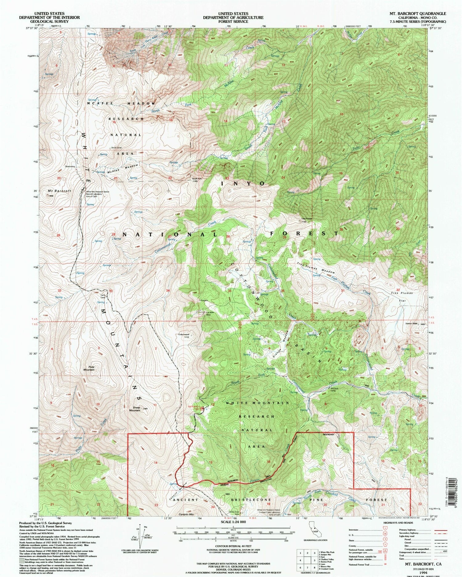 Classic USGS Mount Barcroft California 7.5'x7.5' Topo Map Image