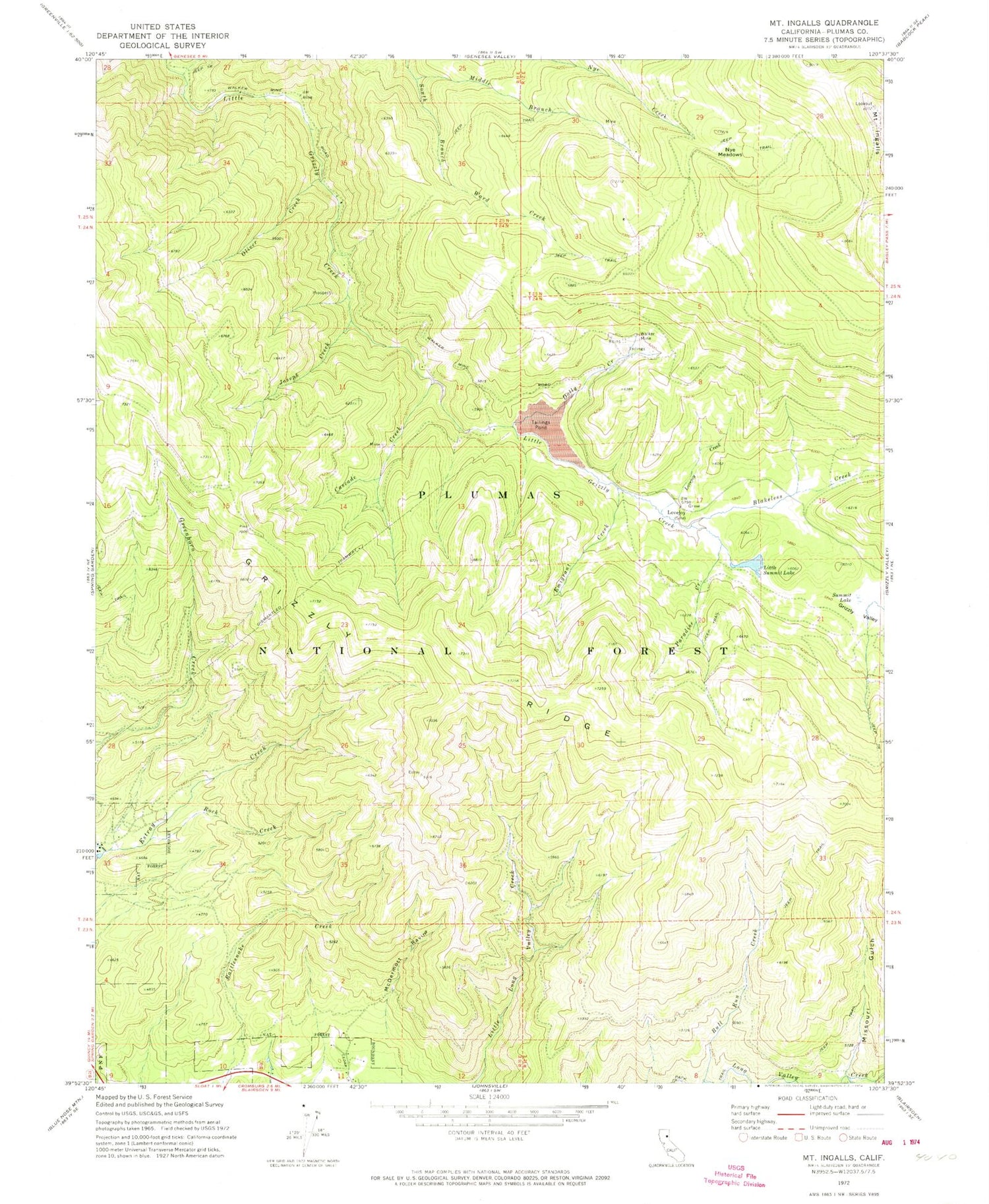 Classic USGS Mount Ingalls California 7.5'x7.5' Topo Map Image