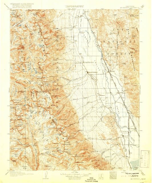 Historic 1919 Mount Whitney California 30'x30' Topo Map Image