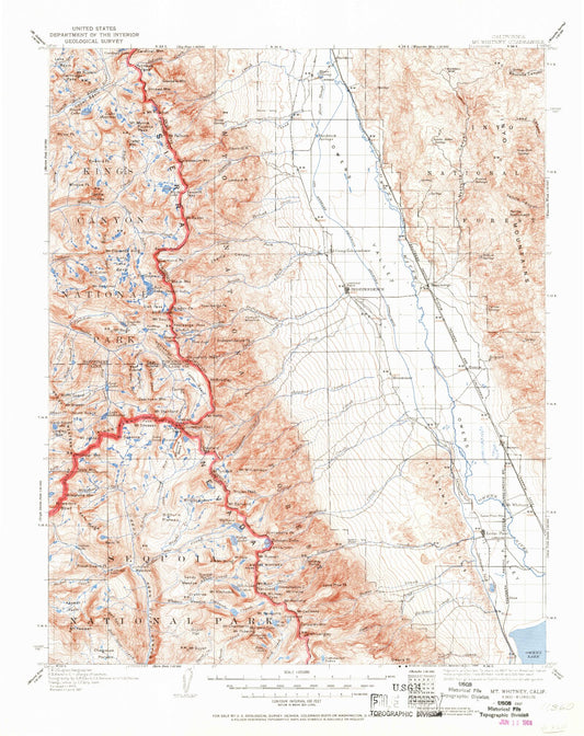 Historic 1937 Mount Whitney California 30'x30' Topo Map Image