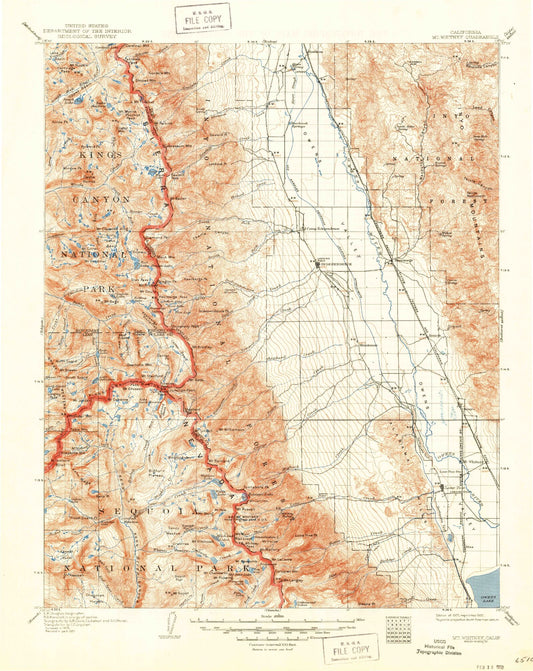 Historic 1907 Mount Whitney California 30'x30' Topo Map Image
