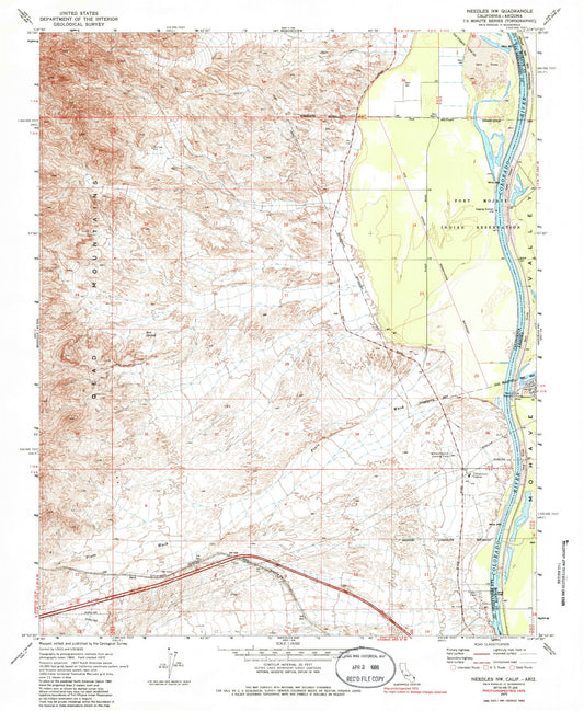 Classic USGS Needles NW California 7.5'x7.5' Topo Map Image