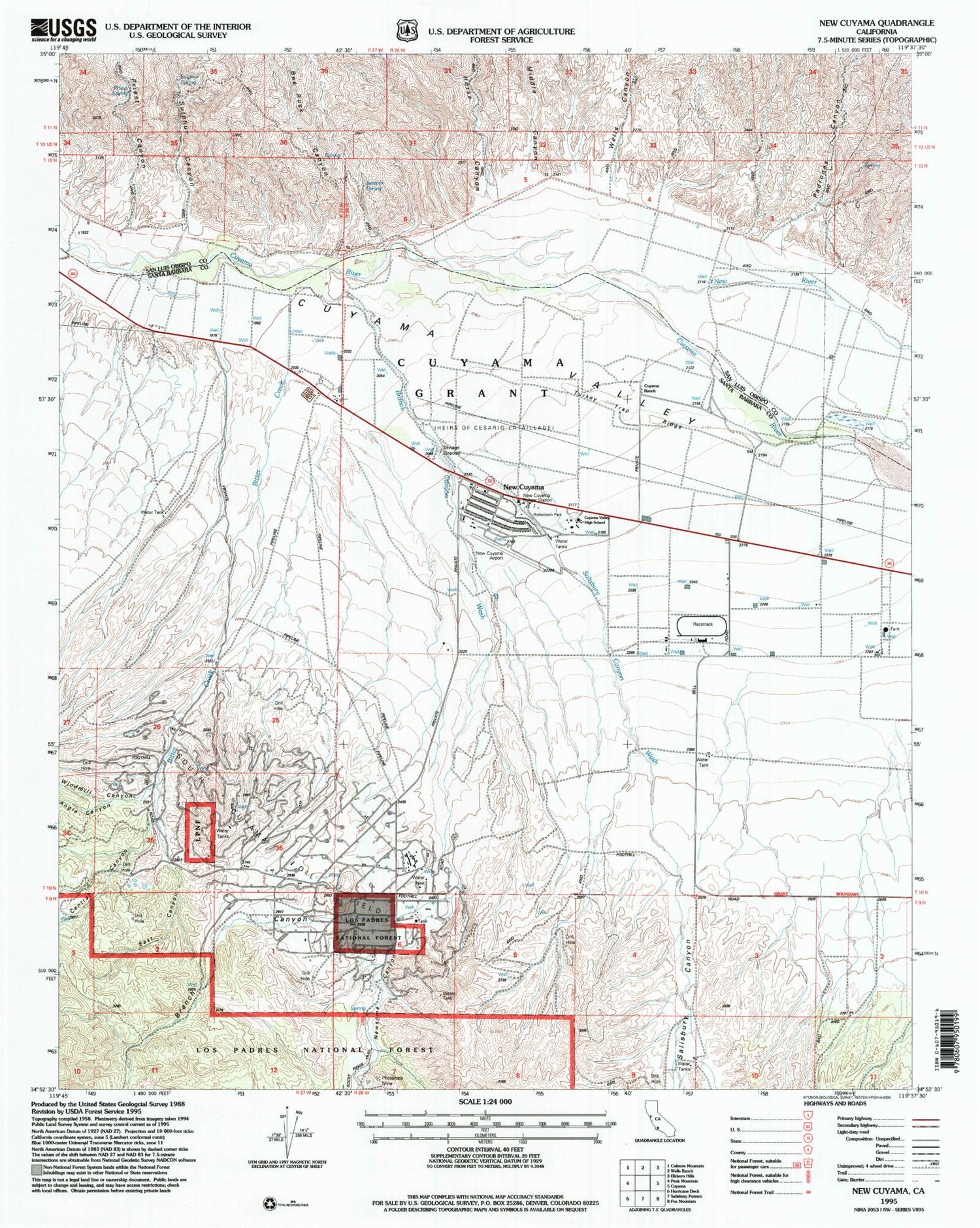 Classic USGS New Cuyama California 7.5'x7.5' Topo Map Image