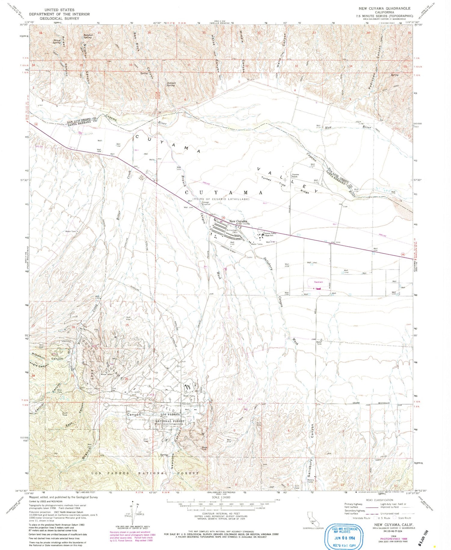 Classic USGS New Cuyama California 7.5'x7.5' Topo Map Image