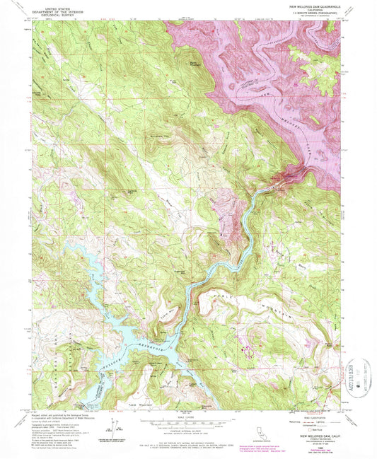 Classic USGS New Melones Dam California 7.5'x7.5' Topo Map Image
